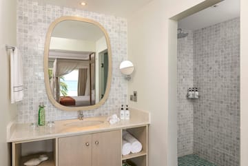 a bathroom with a mirror and a shower