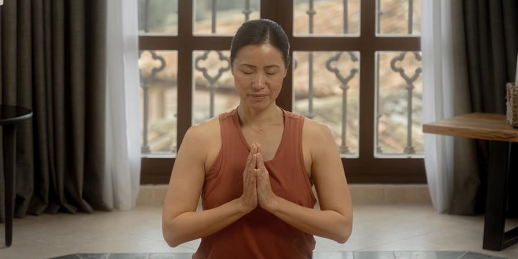 a woman in a red dress