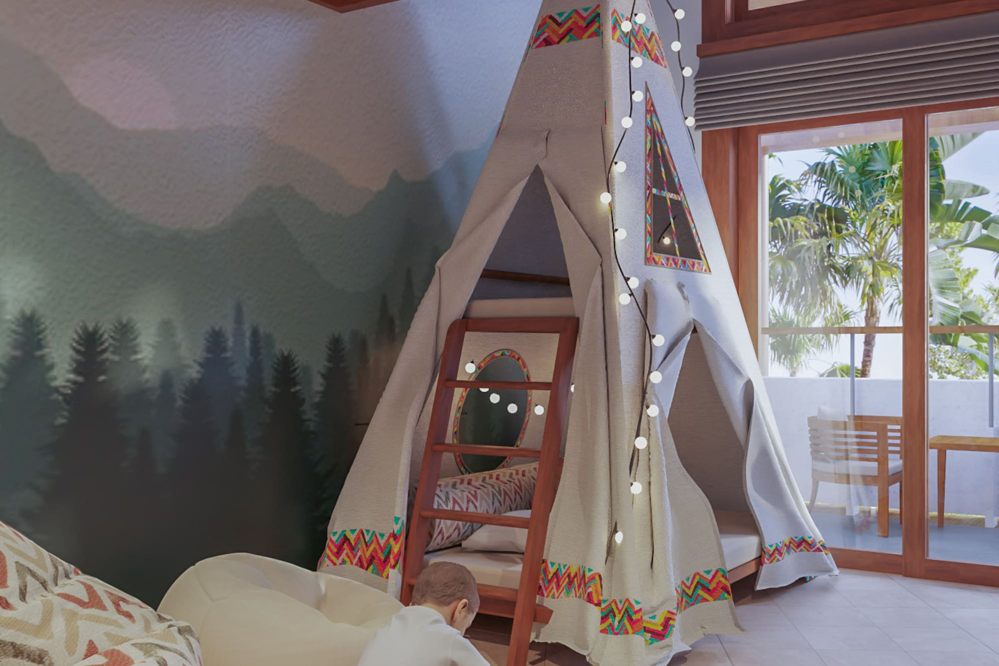 a child sitting on a couch in a room with a teepee tent
