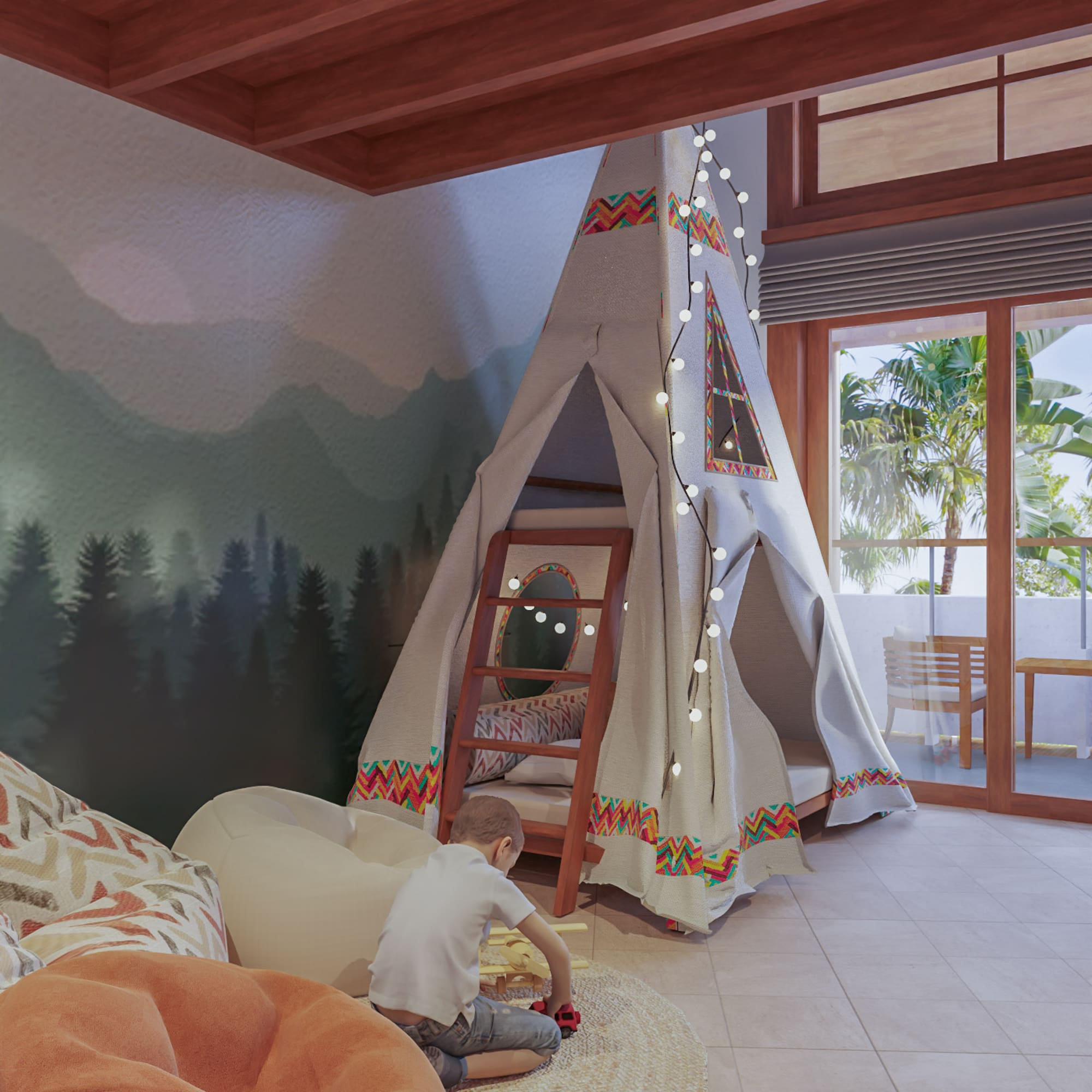 a child sitting on a couch in a room with a teepee tent