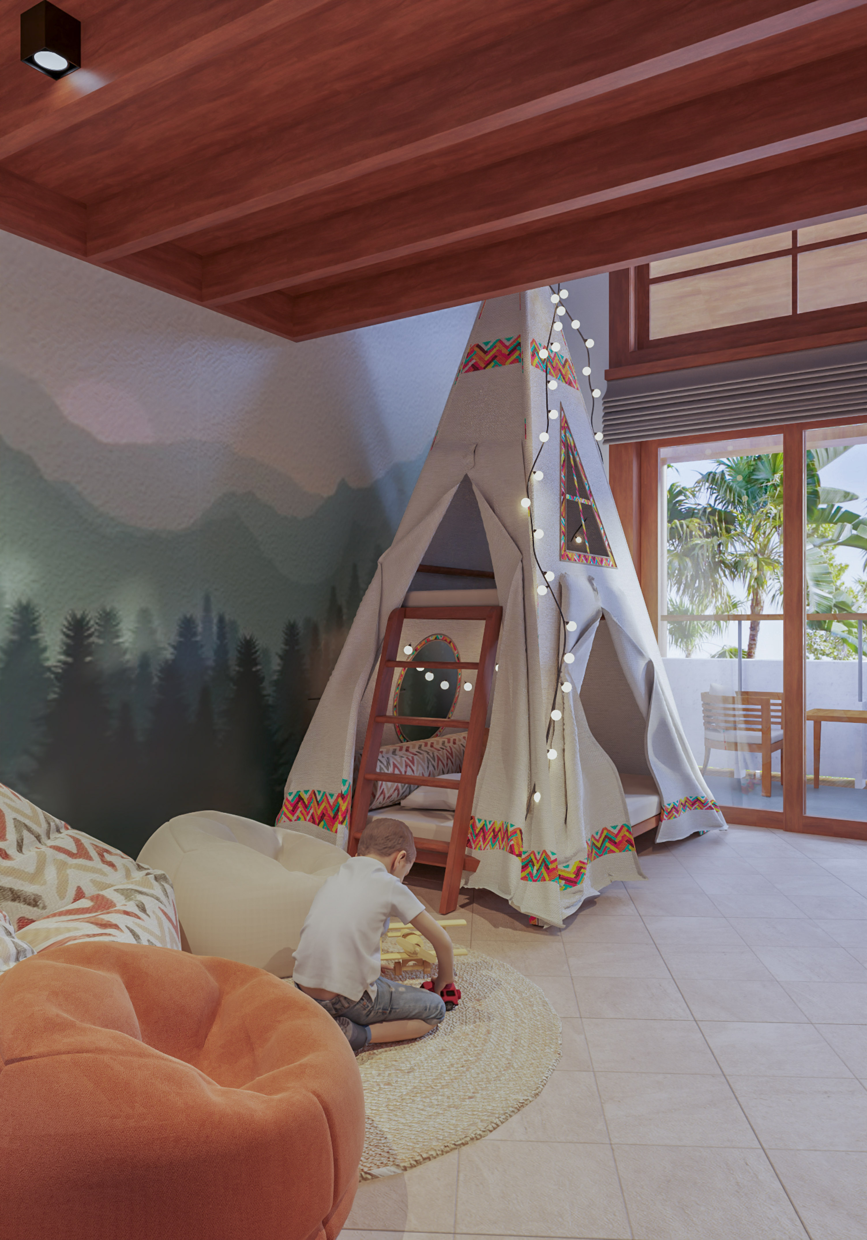 a child sitting on a couch in a room with a teepee tent