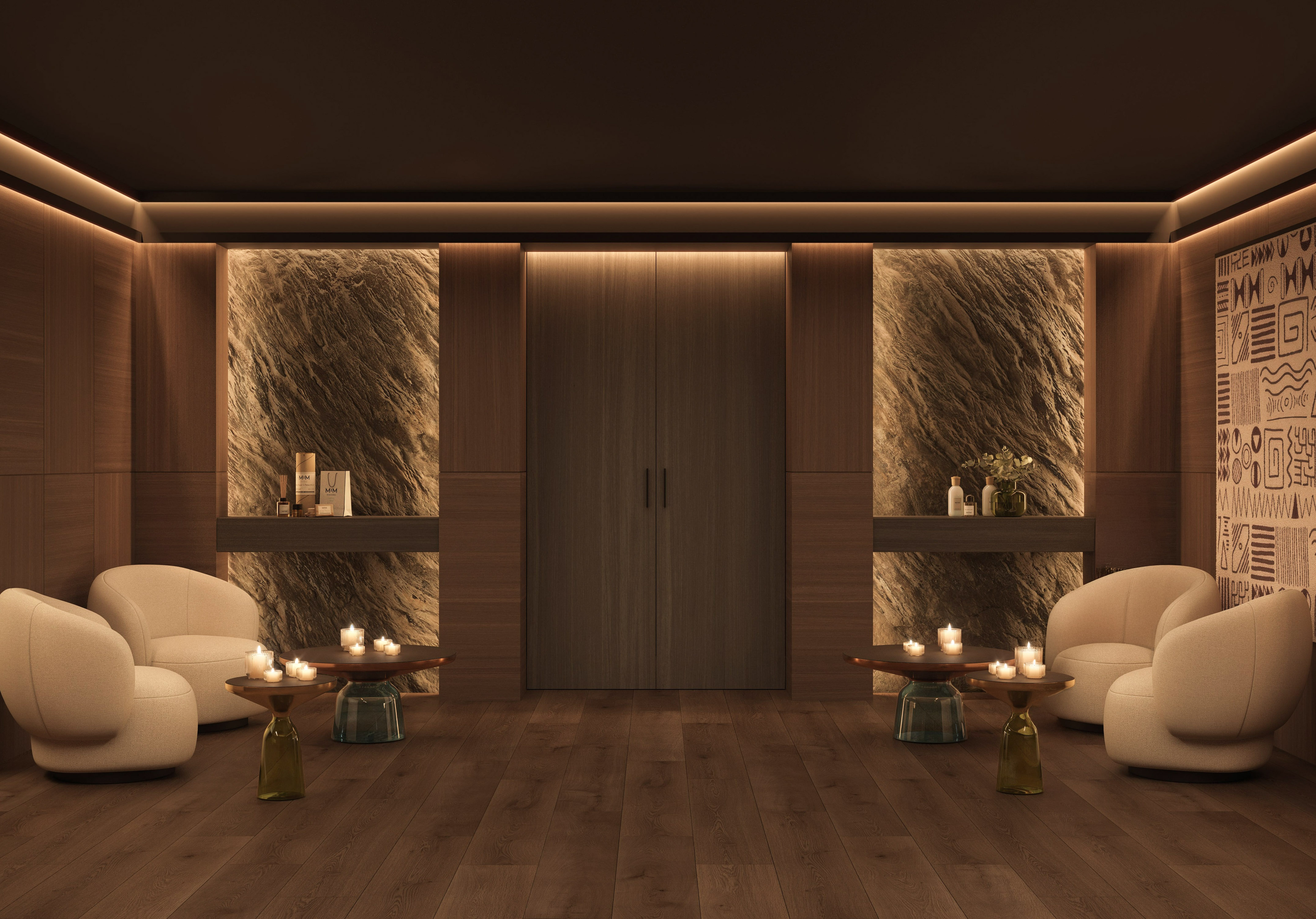Elegant spa lounge with wood and stone walls, ambient lighting, and cozy seating.