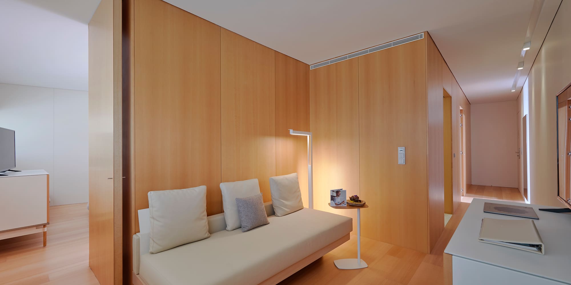 a room with a couch and a table