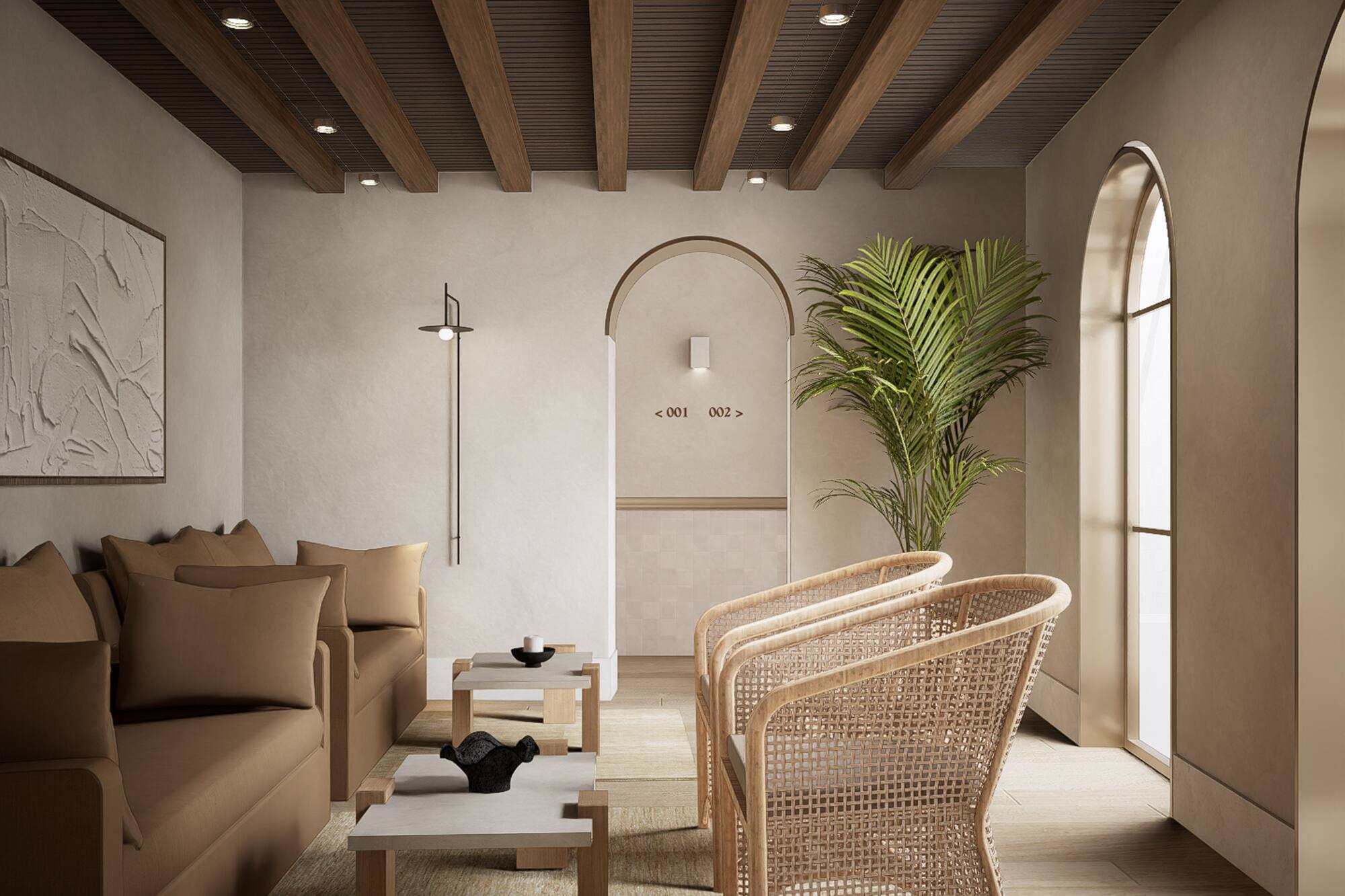 Stylish hotel lounge with neutral decor, exposed wood beams, and rattan chairs.