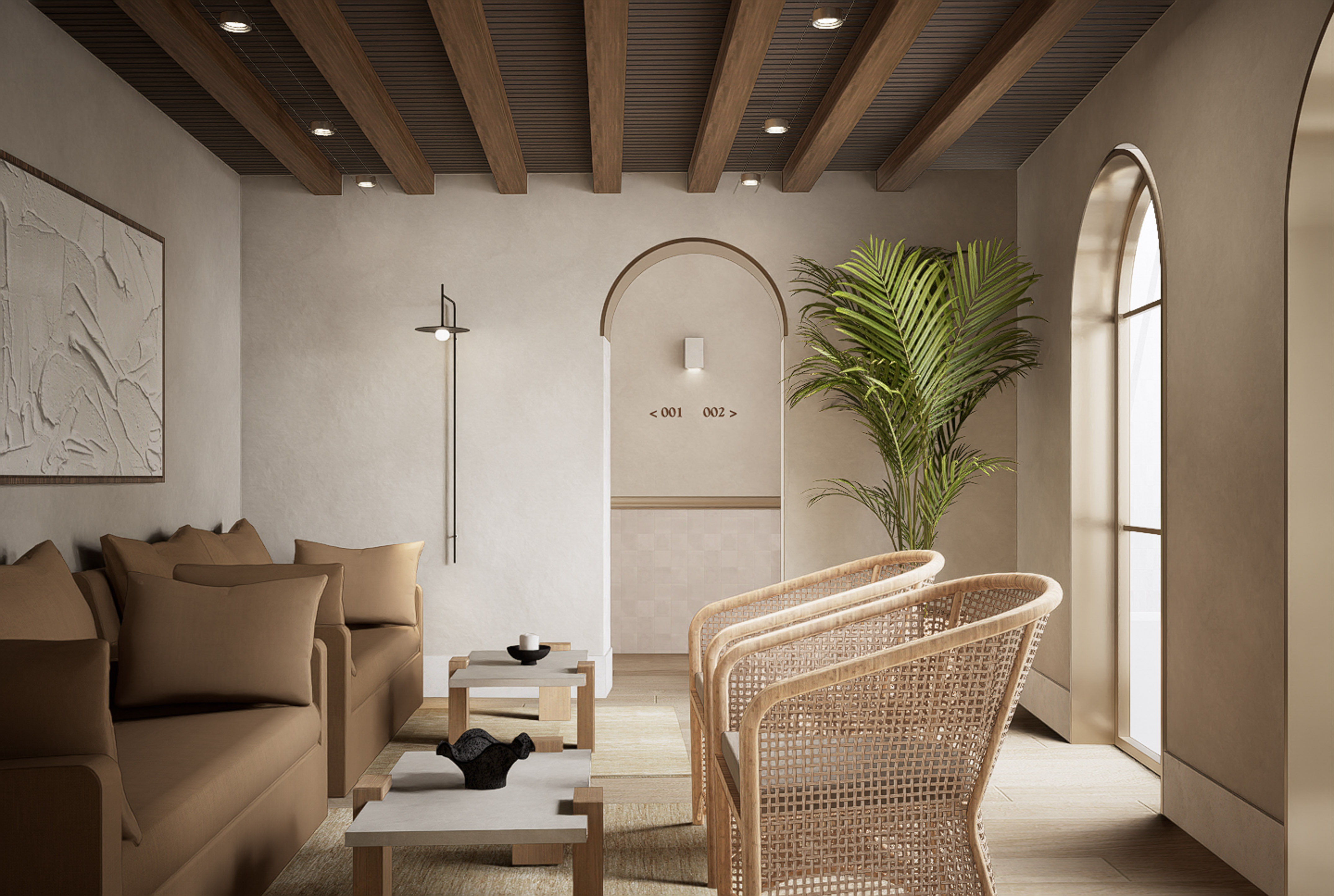 Stylish hotel lounge with neutral decor, exposed wood beams, and rattan chairs.