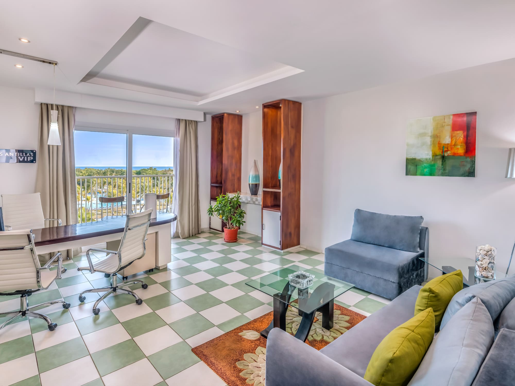 a room with a couch and a desk