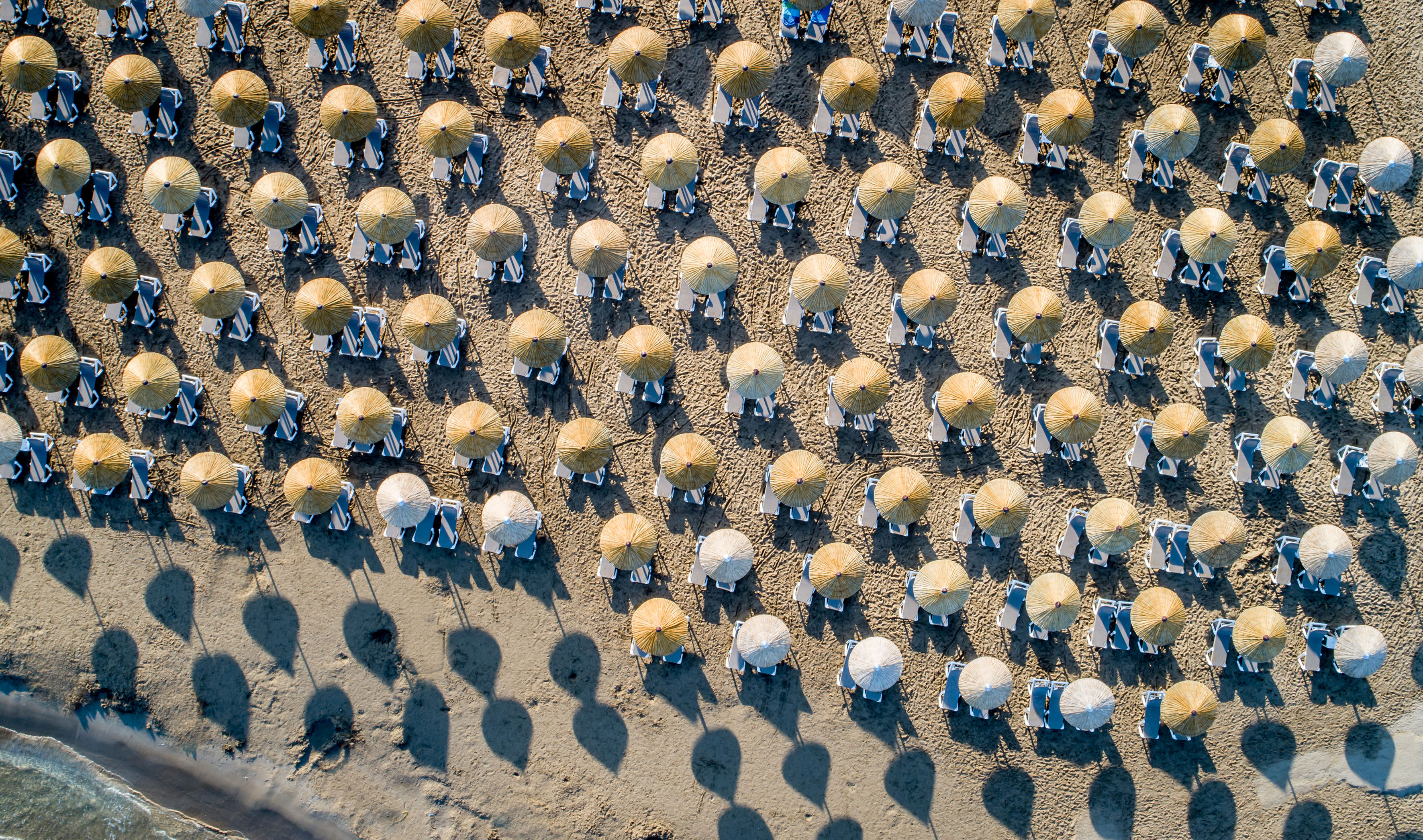 Beach resort aerial view: rows of straw umbrellas, sun loungers on sand.