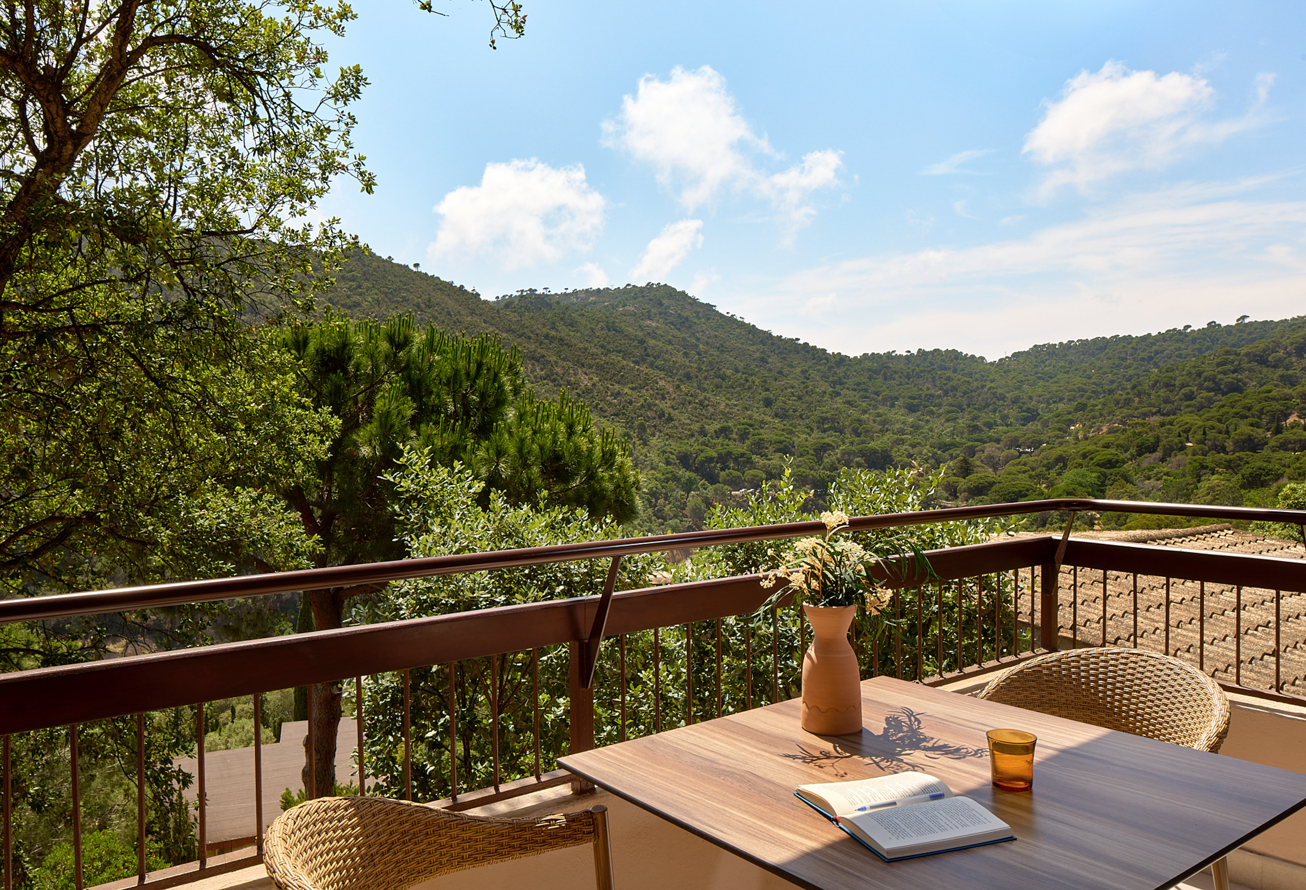Balcony with table, book, and flowers, overlooking lush forested mountains.