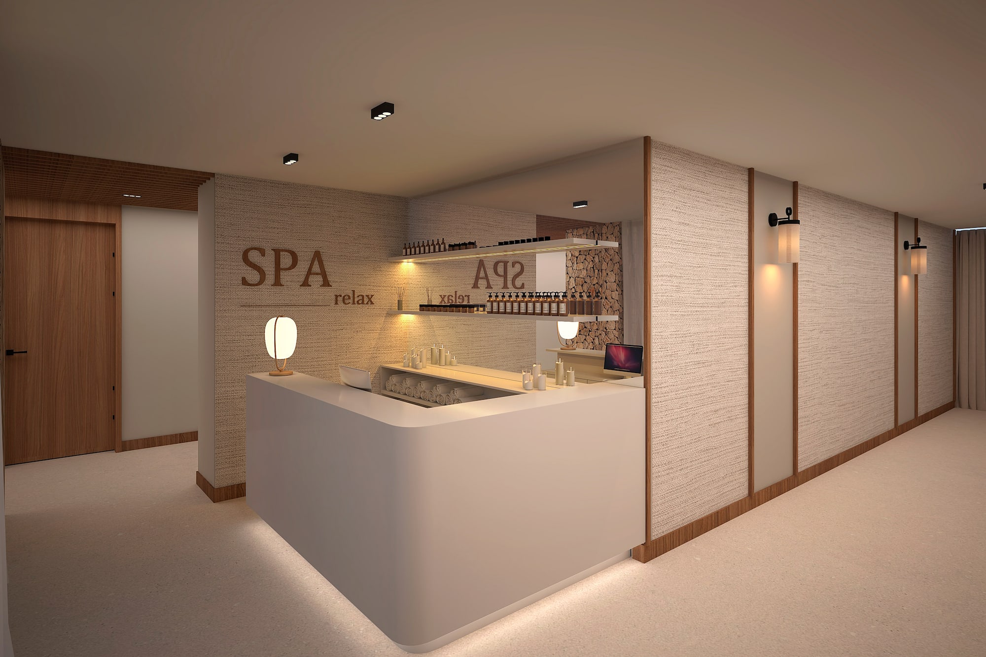 Recepción moderna de spa con luz cálida y mostrador blanco. - Spa & wellness - Hotel Golf Santa Ponsa Meliá Collection, Mallorca