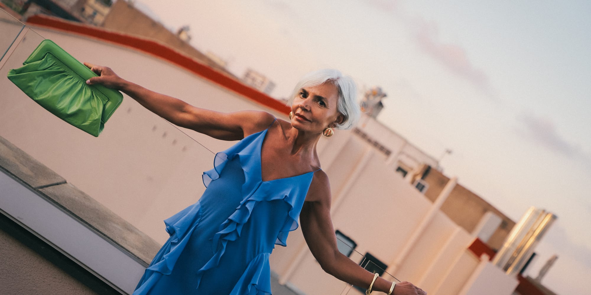 a woman in a blue dress