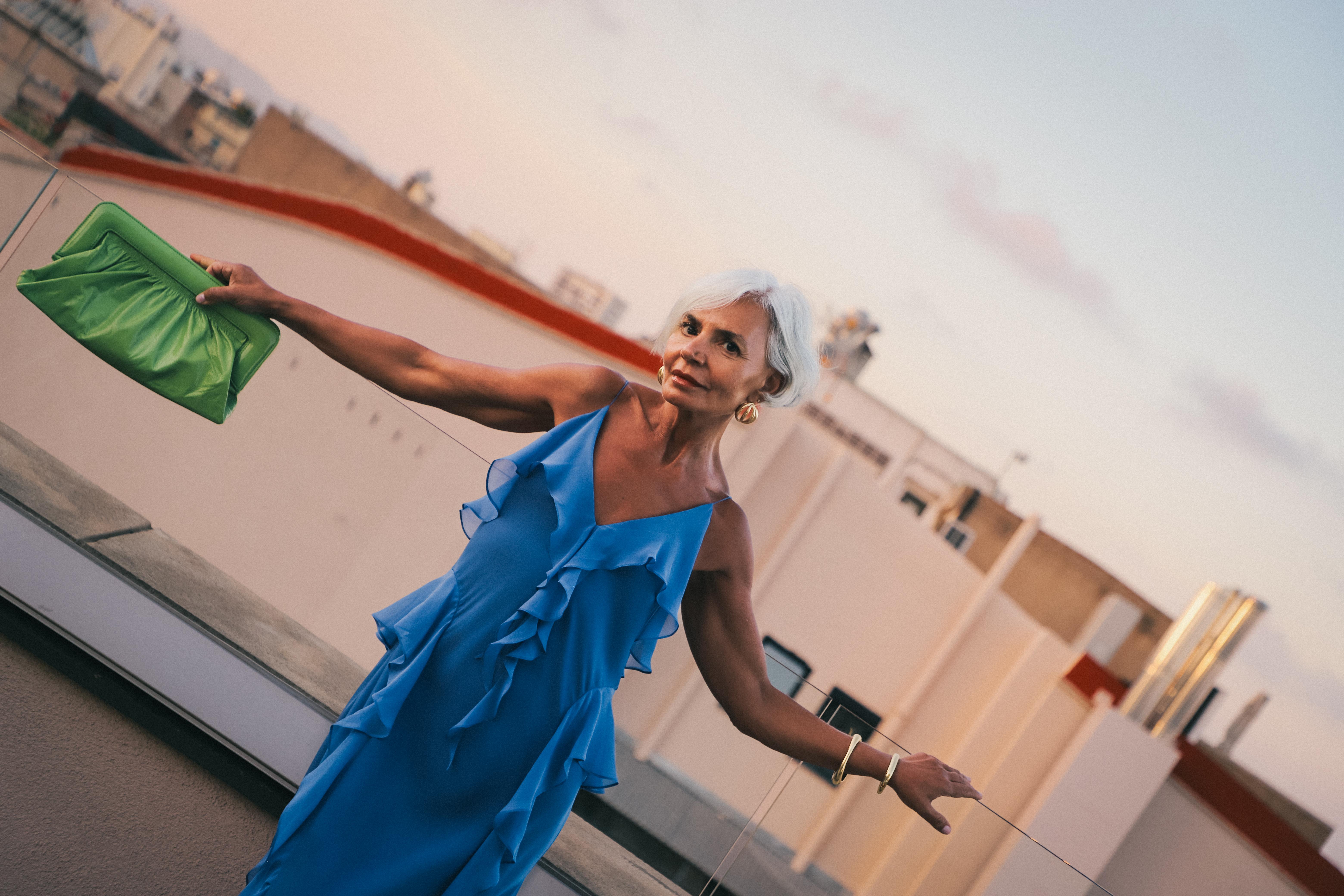 a woman in a blue dress