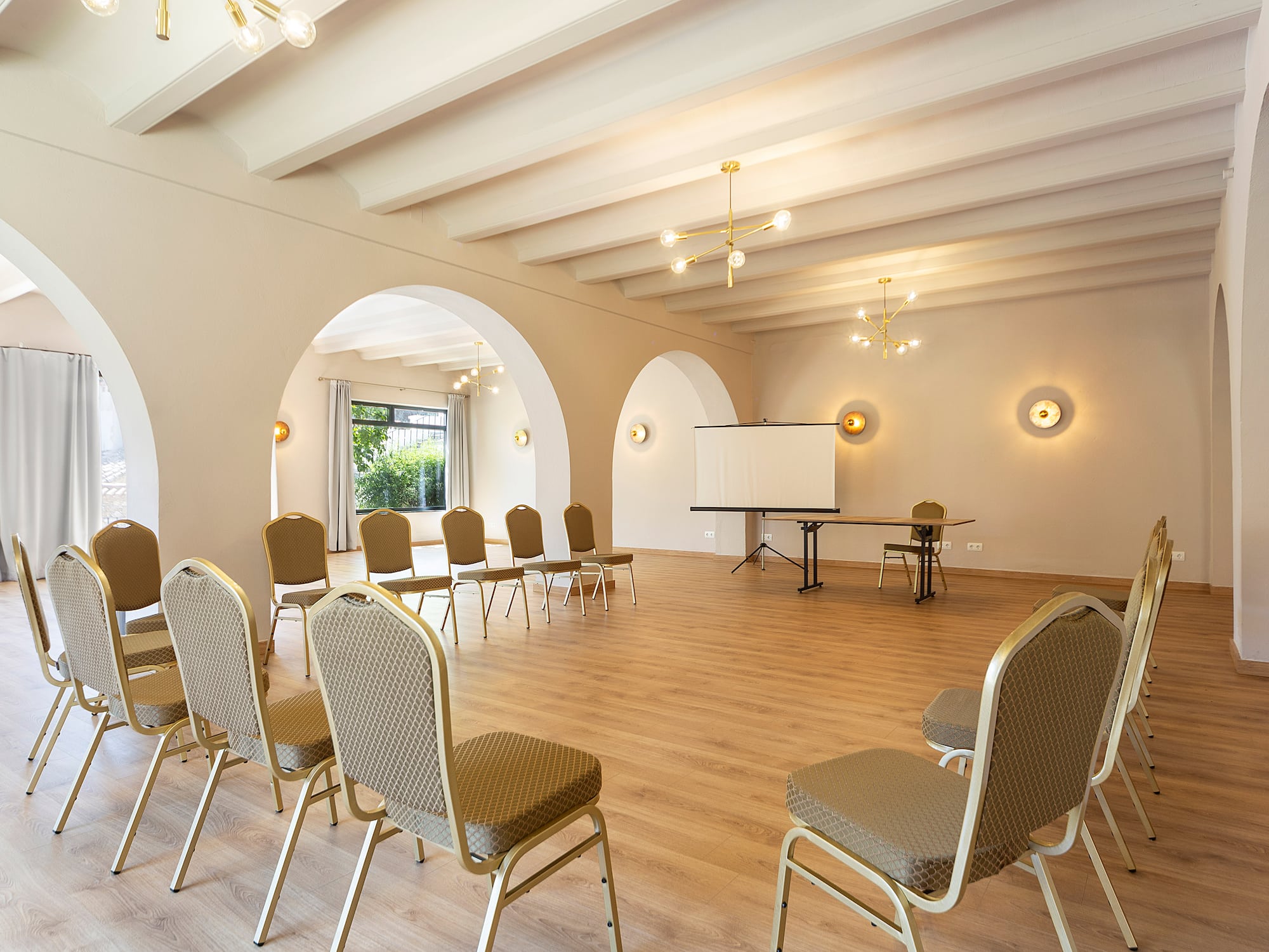 a room with chairs and a table