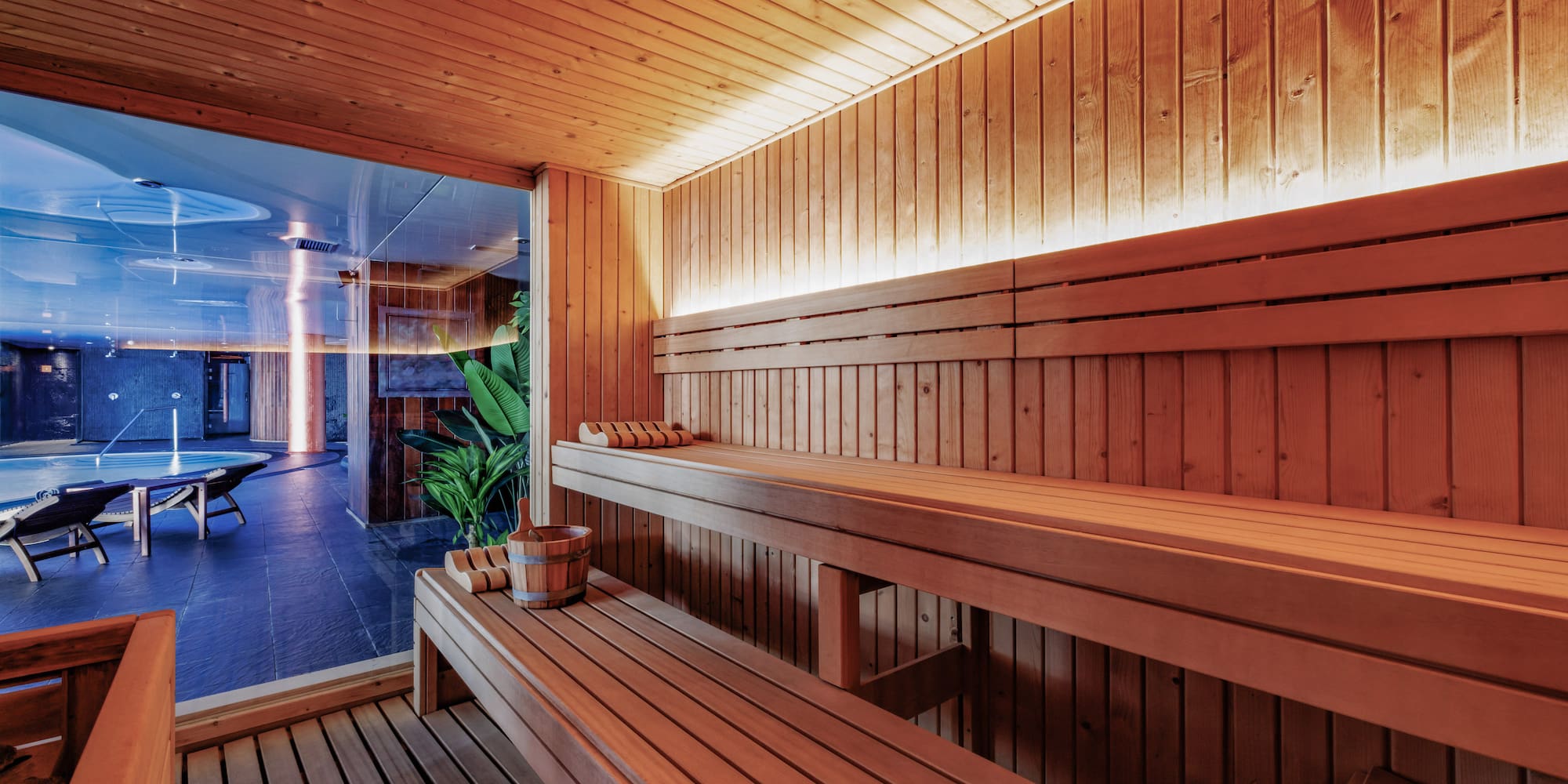 a wooden bench in a sauna