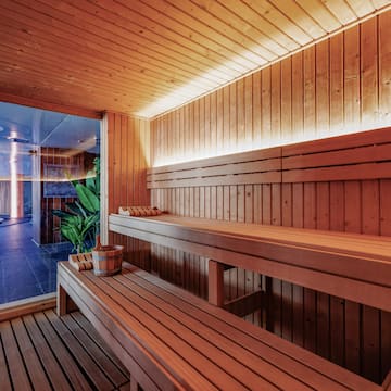 a wooden bench in a sauna