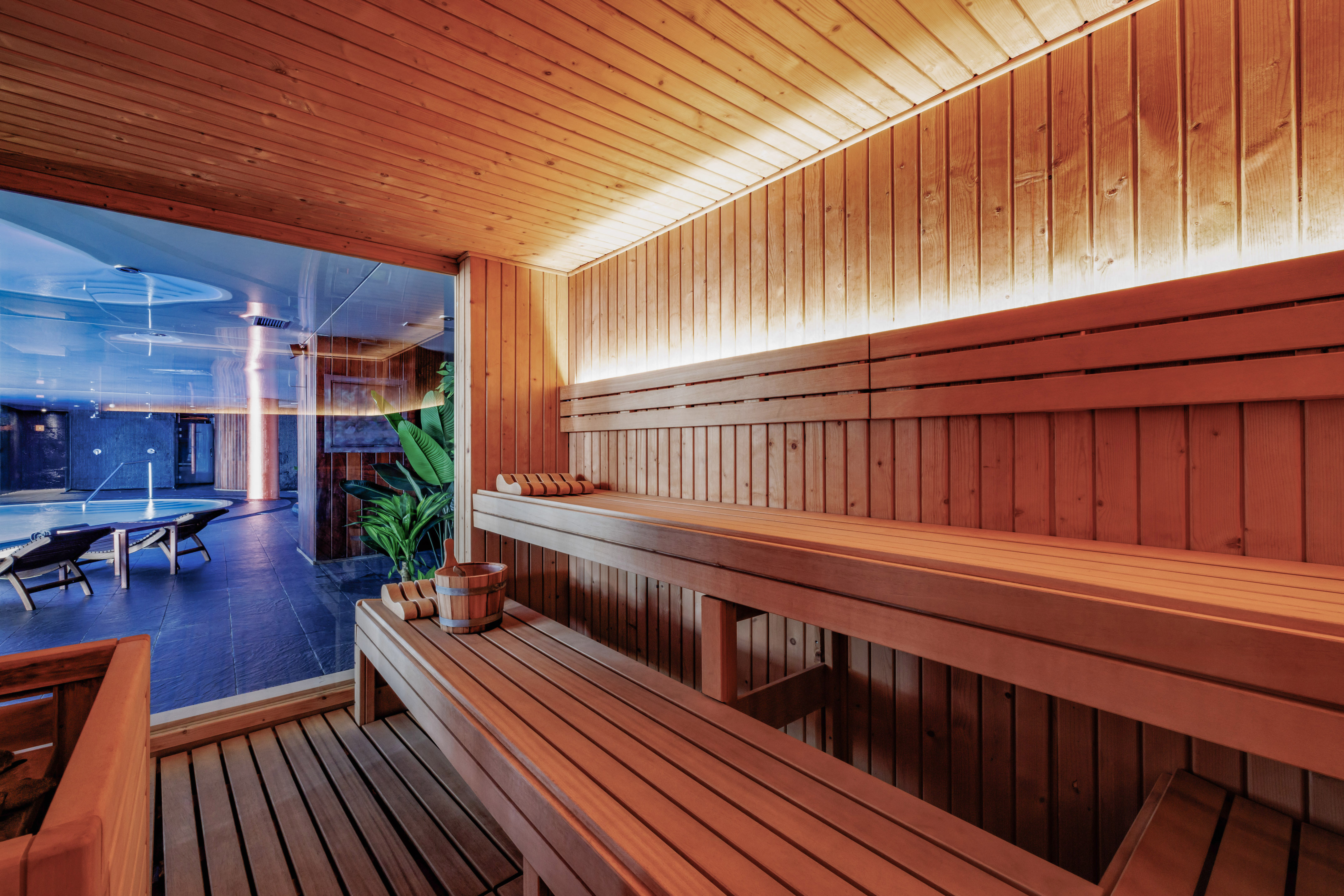 Warm wooden sauna interior with benches, looking out to a blue-lit spa pool area.