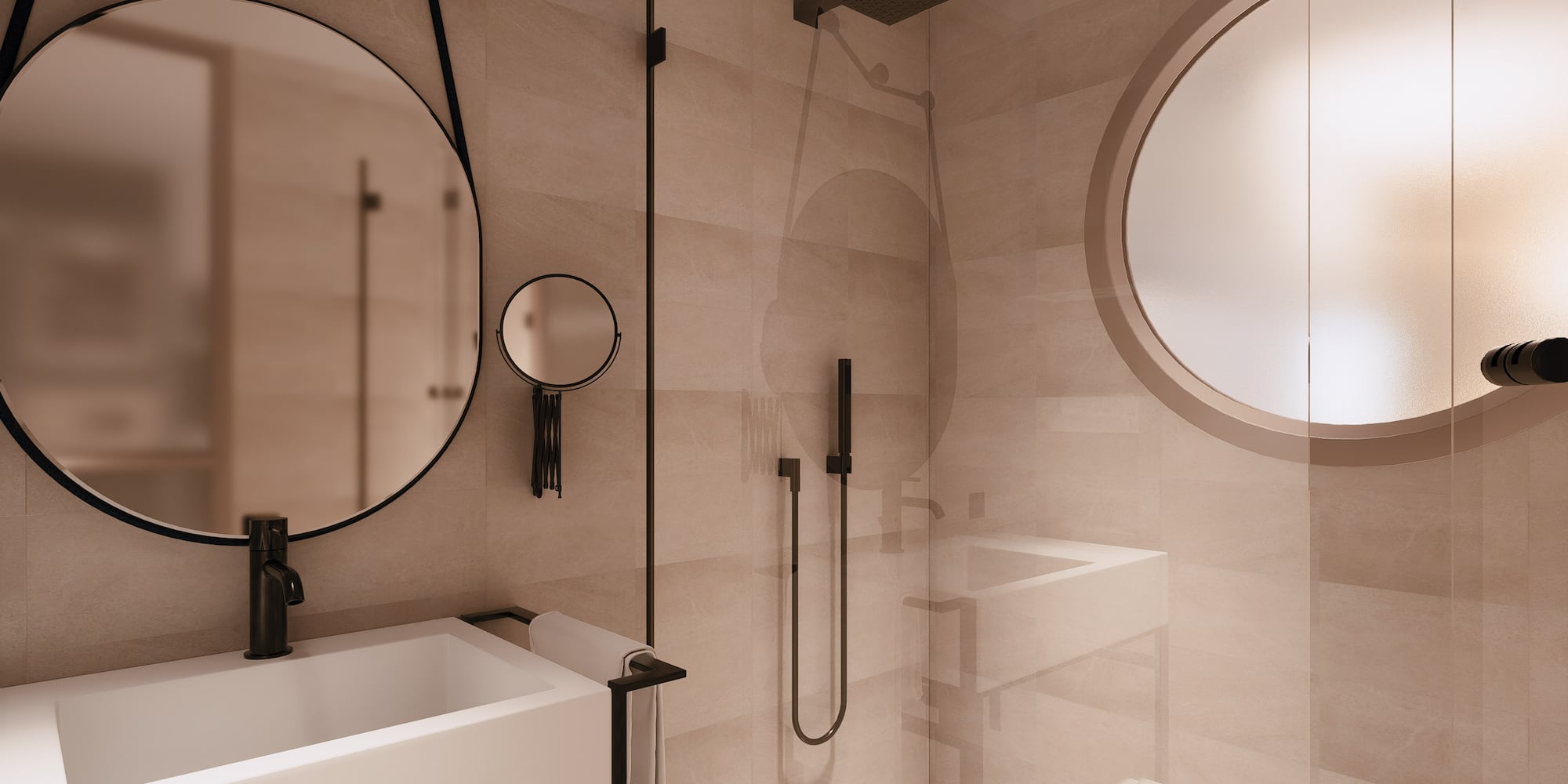 a bathroom with a shower and sink