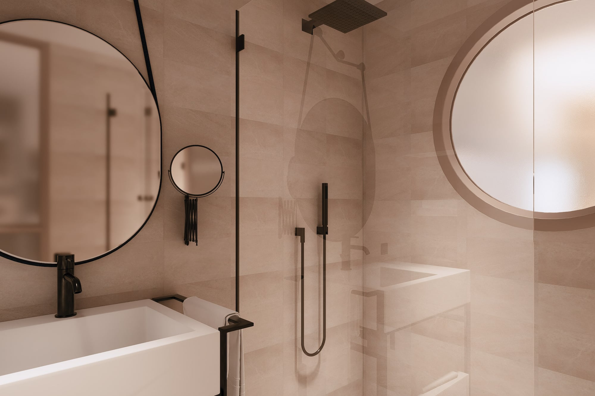 a bathroom with a shower and sink