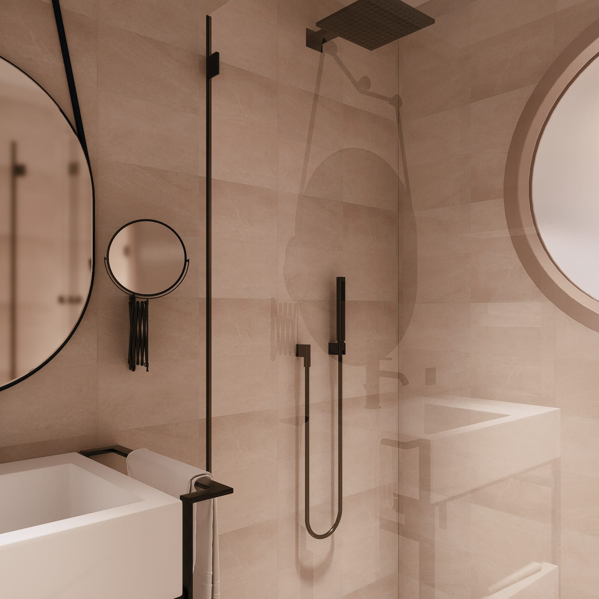 a bathroom with a shower and sink