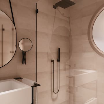 a bathroom with a shower and sink