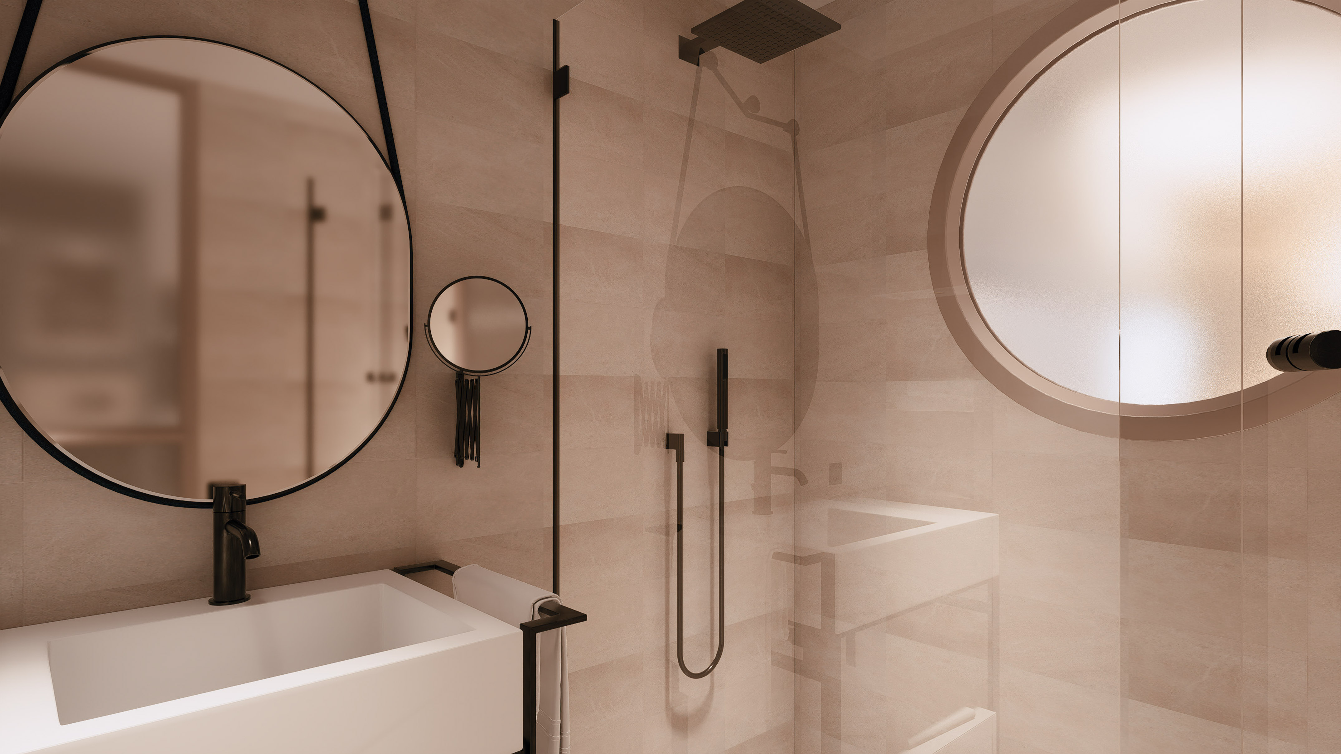 a bathroom with a shower and sink