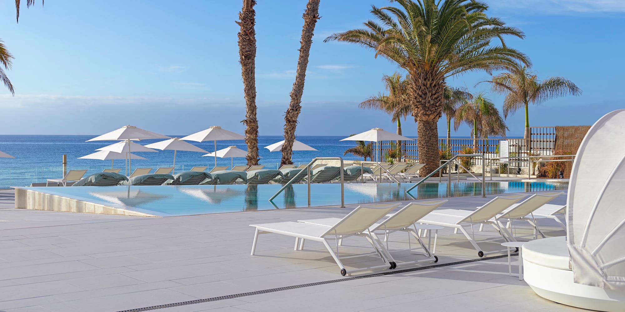 Tropical resort infinity pool, ocean view, palm trees, sun loungers.