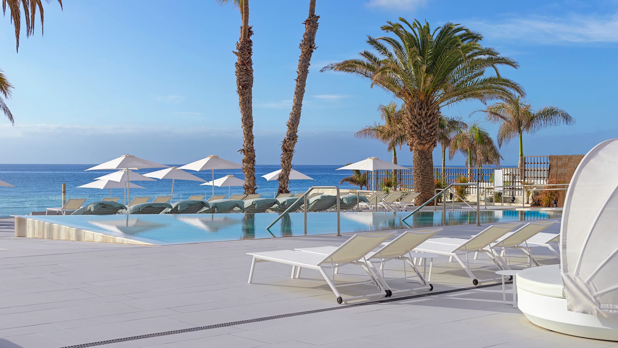 Luxury resort infinity pool with ocean view, palm trees, and sun loungers.