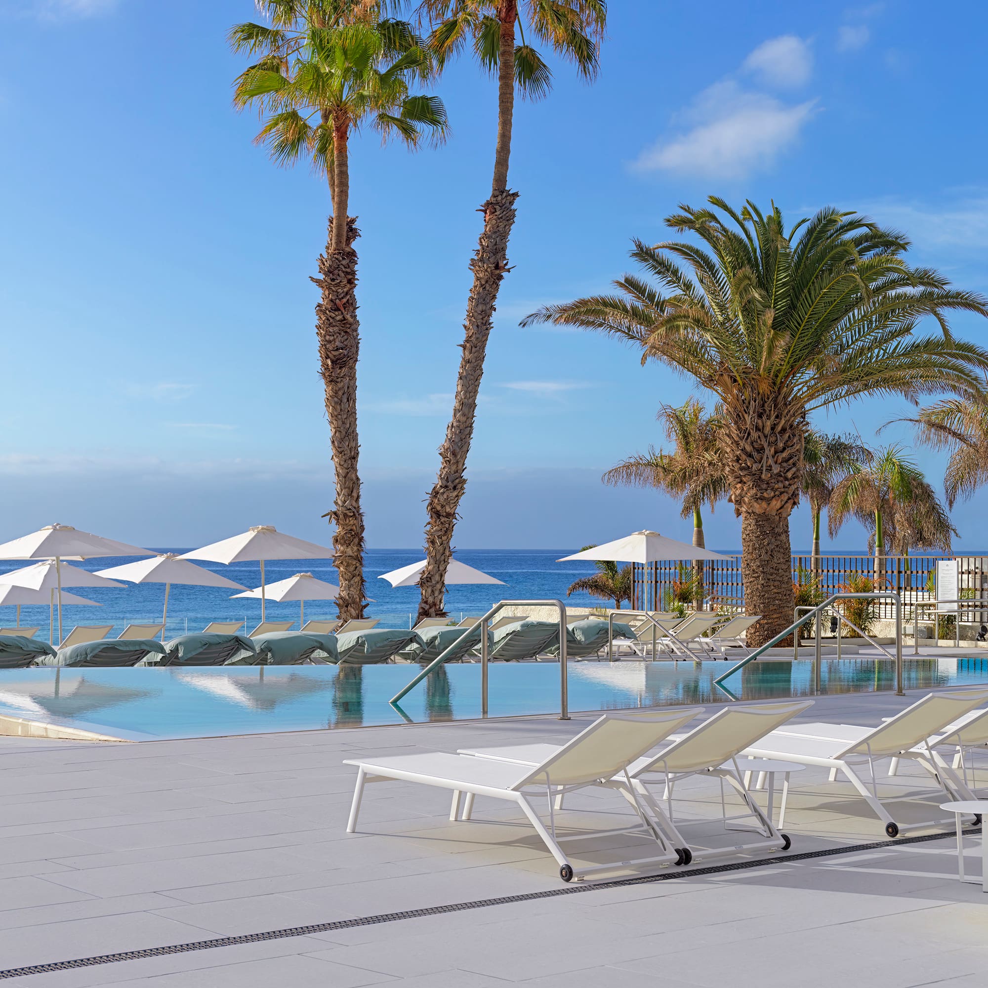 Luxury resort infinity pool with ocean view, palm trees, and sun loungers.