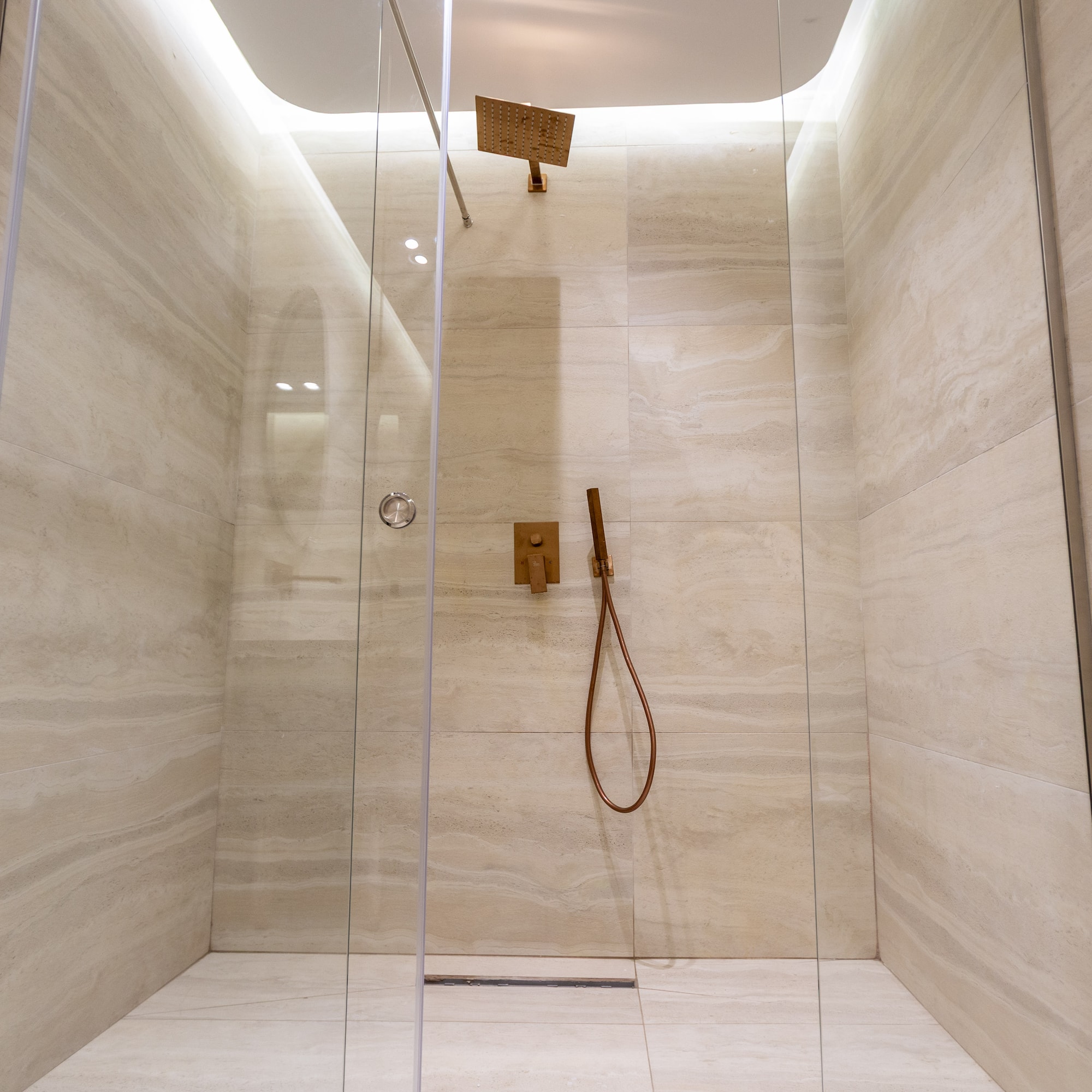 a shower with a glass door