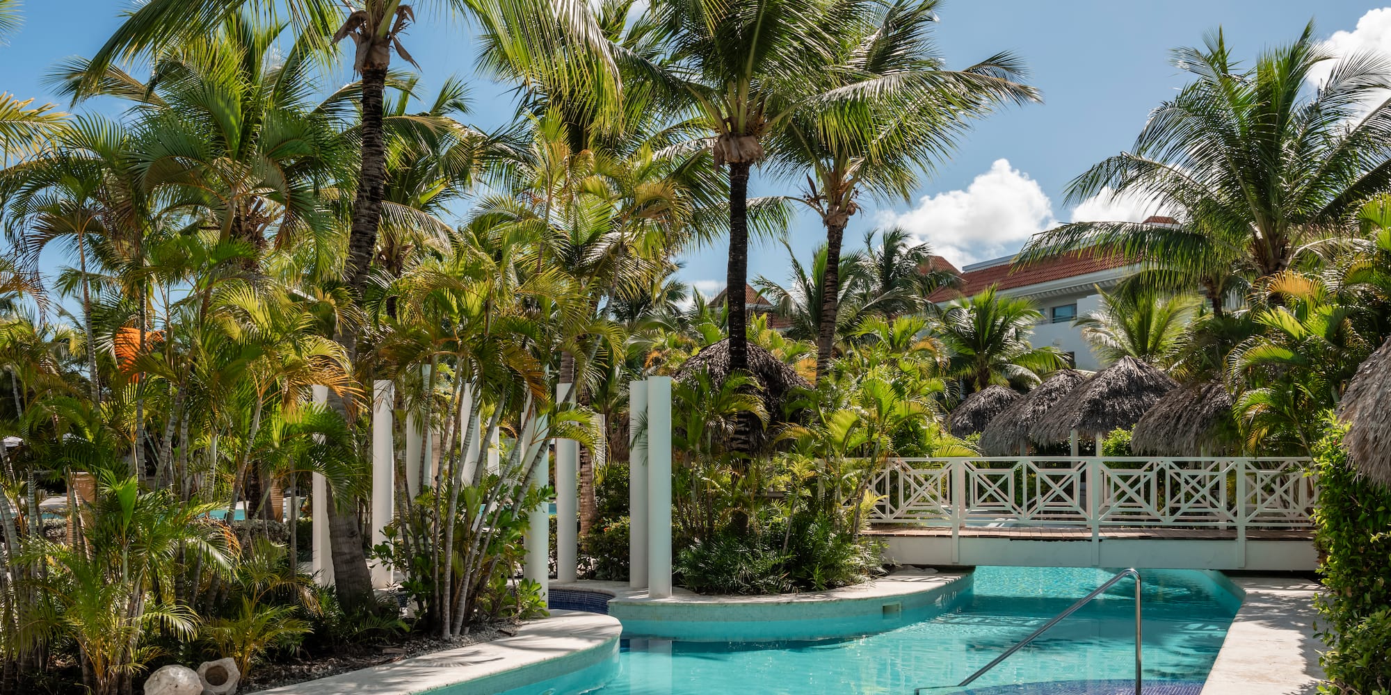 Tropical resort pool with lush palm trees, clear blue water, and bridge.