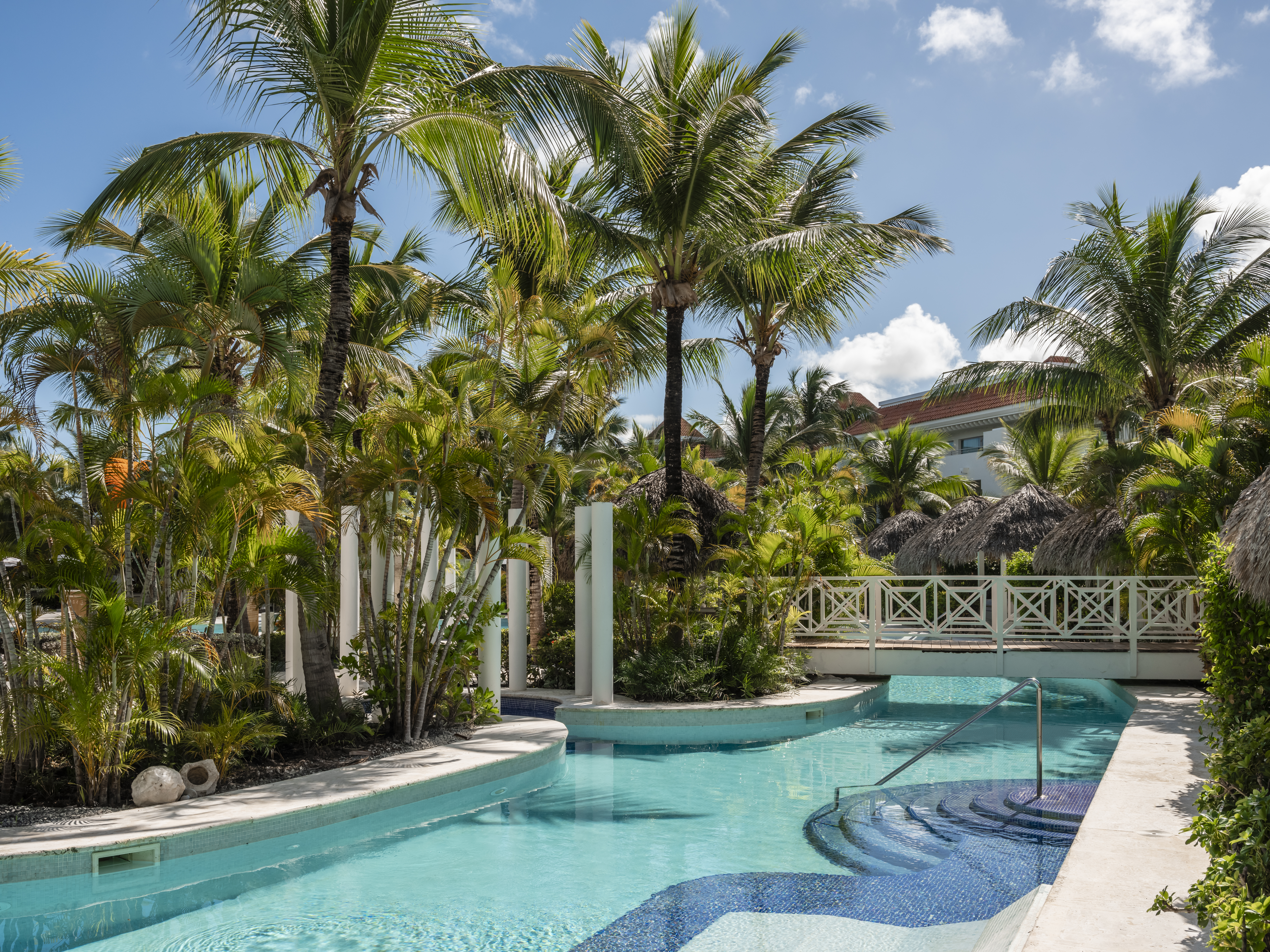 Tropical resort pool with lush palm trees, clear blue water, and bridge.