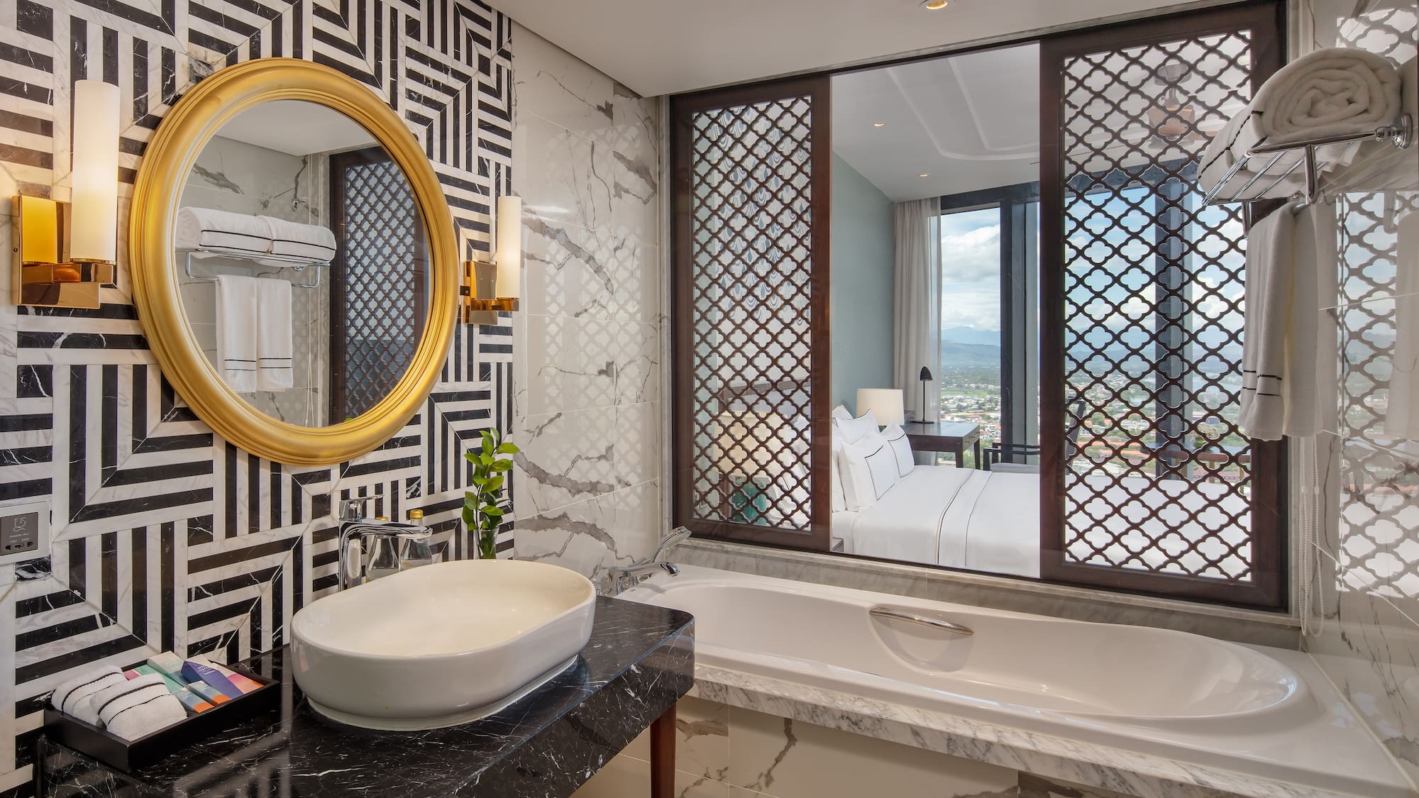 a bathroom with a mirror and a bathtub