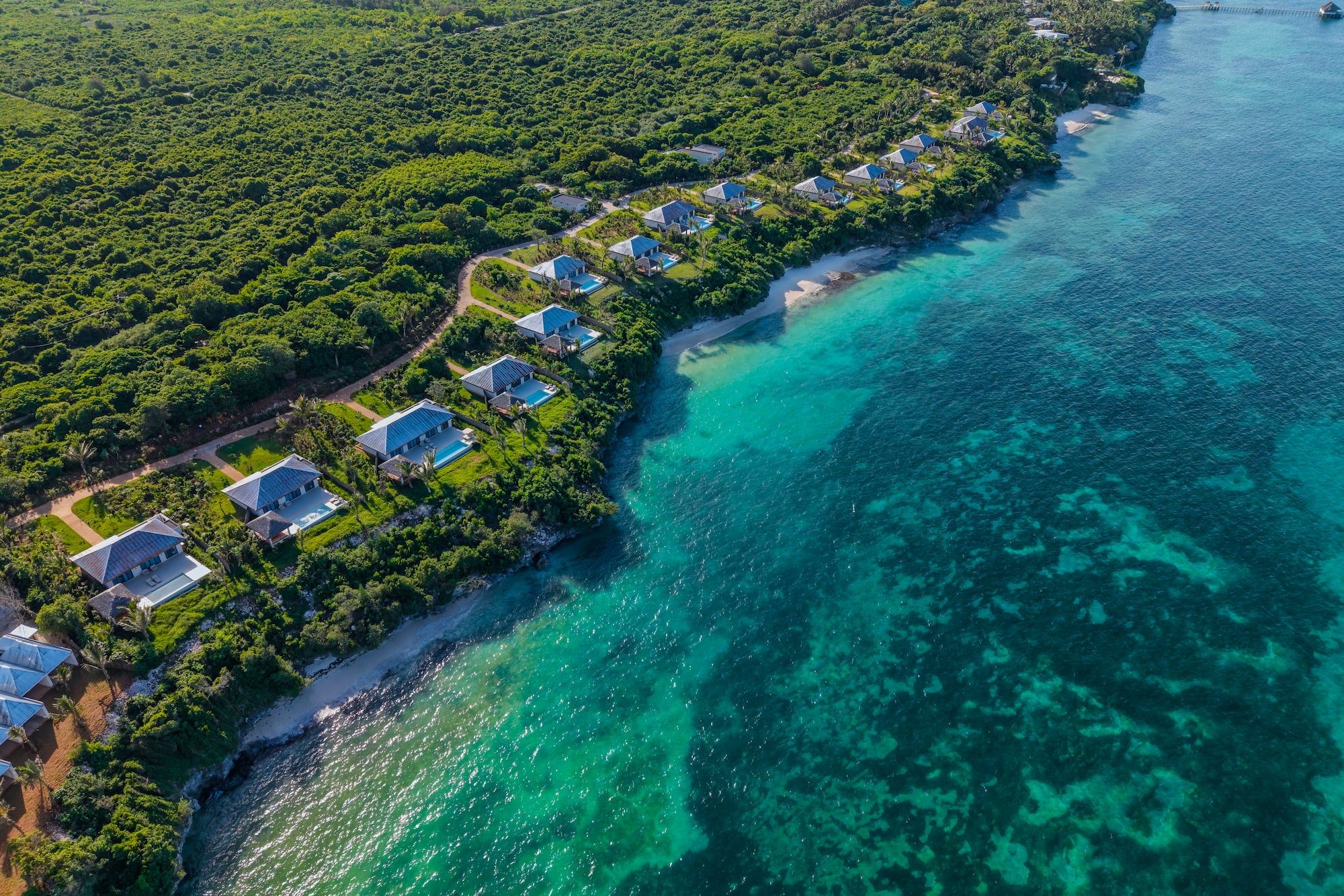 Tropical coastline aerial: Luxury villas, lush forest, white sand beach, turquoise ocean.