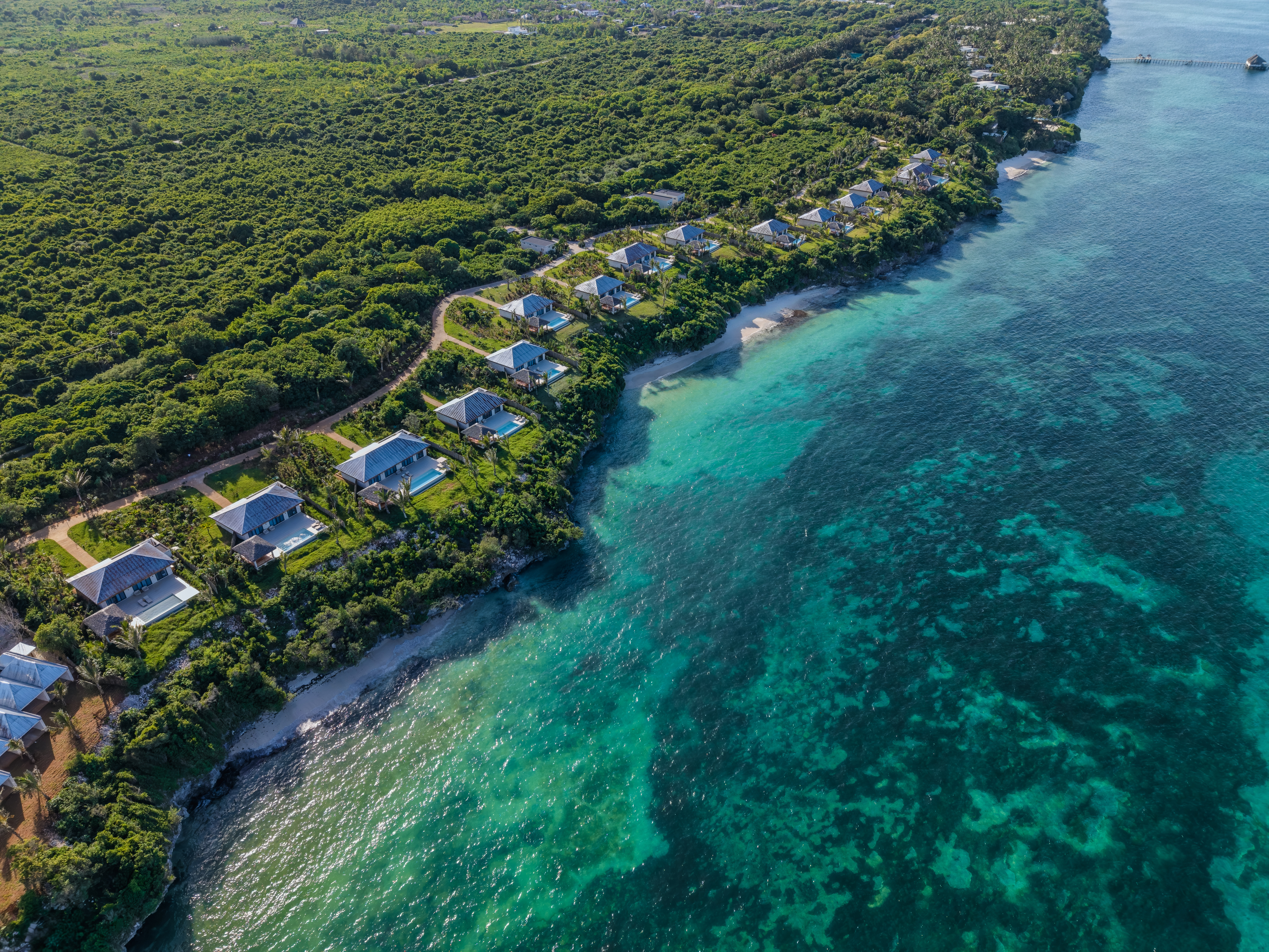 Tropical coastline aerial: Luxury villas, lush forest, white sand beach, turquoise ocean.