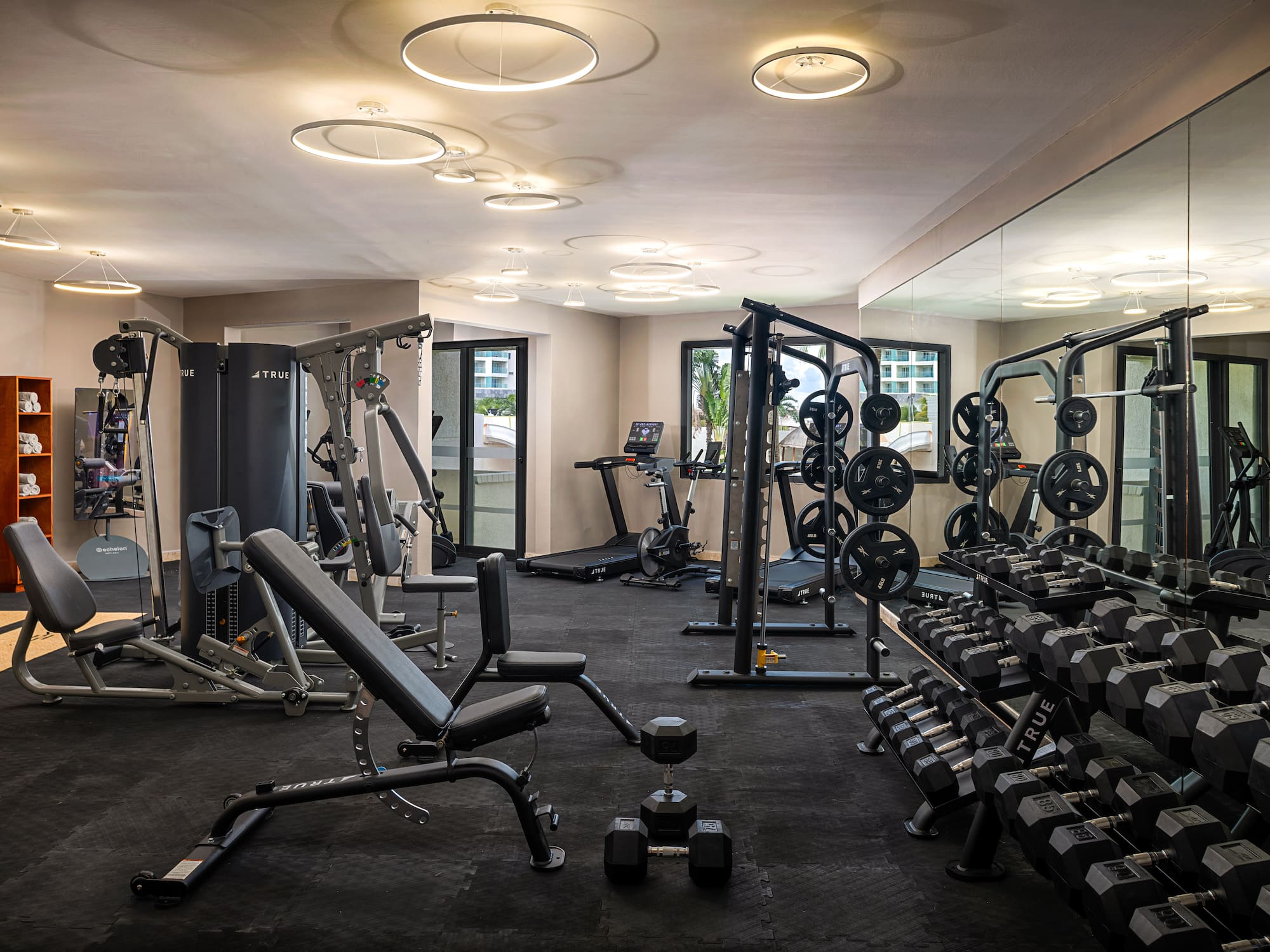 a room with gym equipment