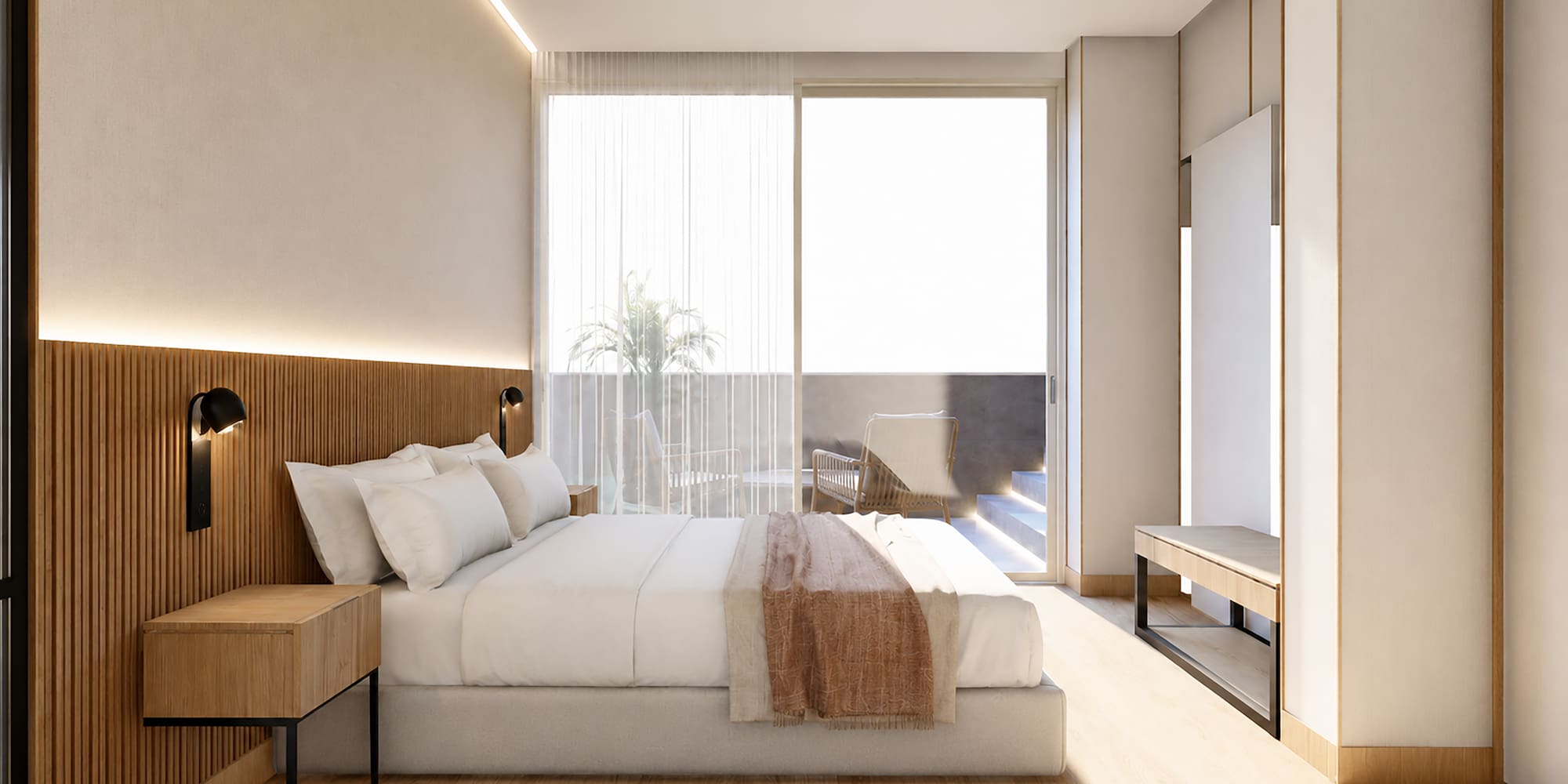 Contemporary hotel room with wooden headboard, large bed, and private balcony.