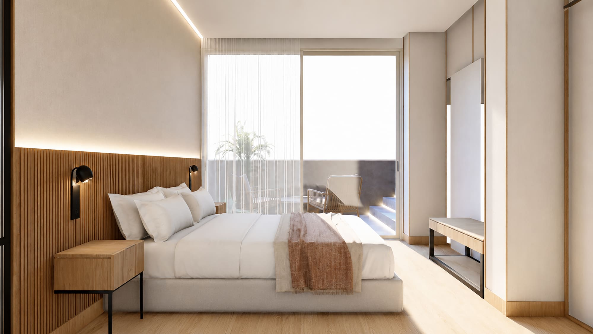 Contemporary hotel room with wooden headboard, large bed, and private balcony.