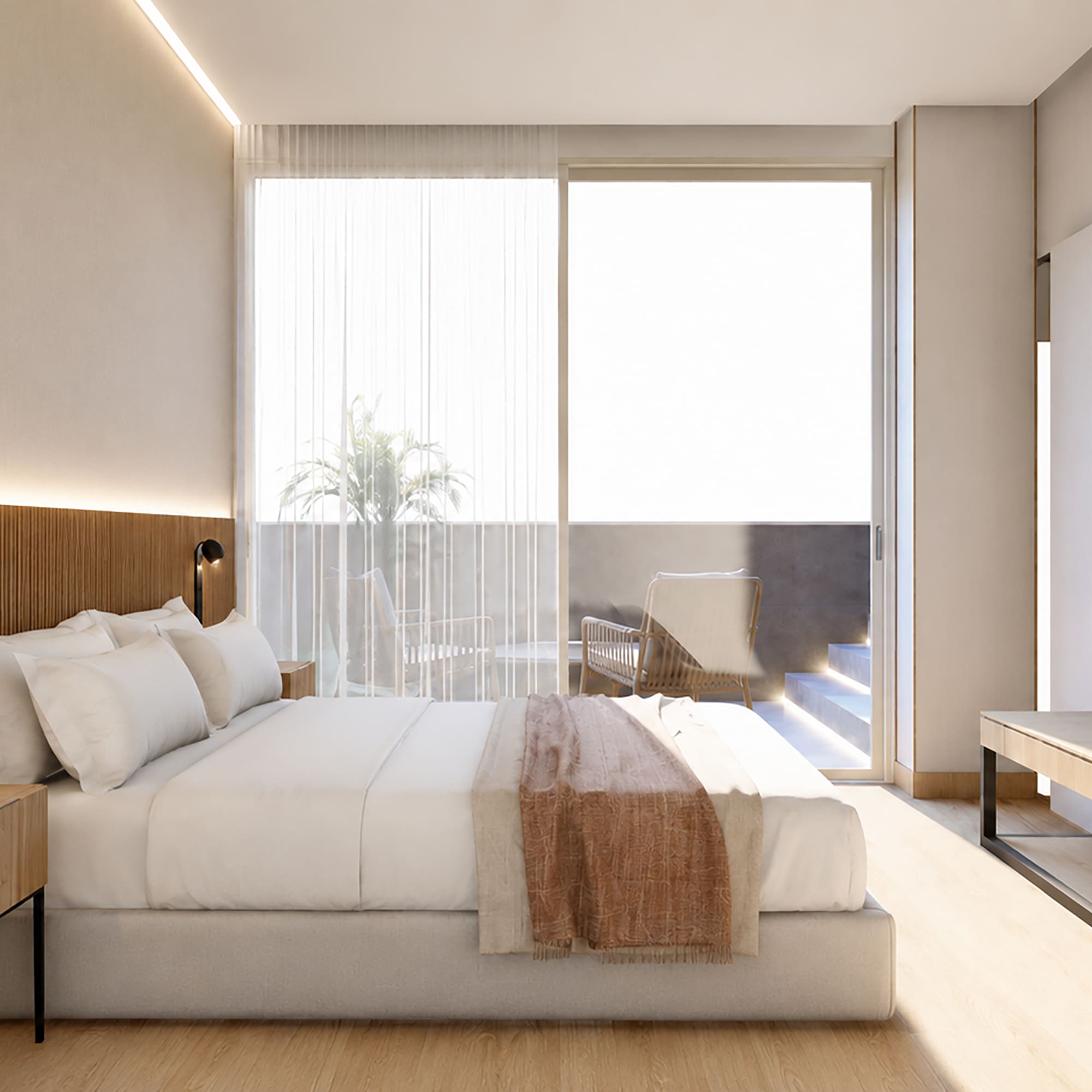 Contemporary hotel room with wooden headboard, large bed, and private balcony.
