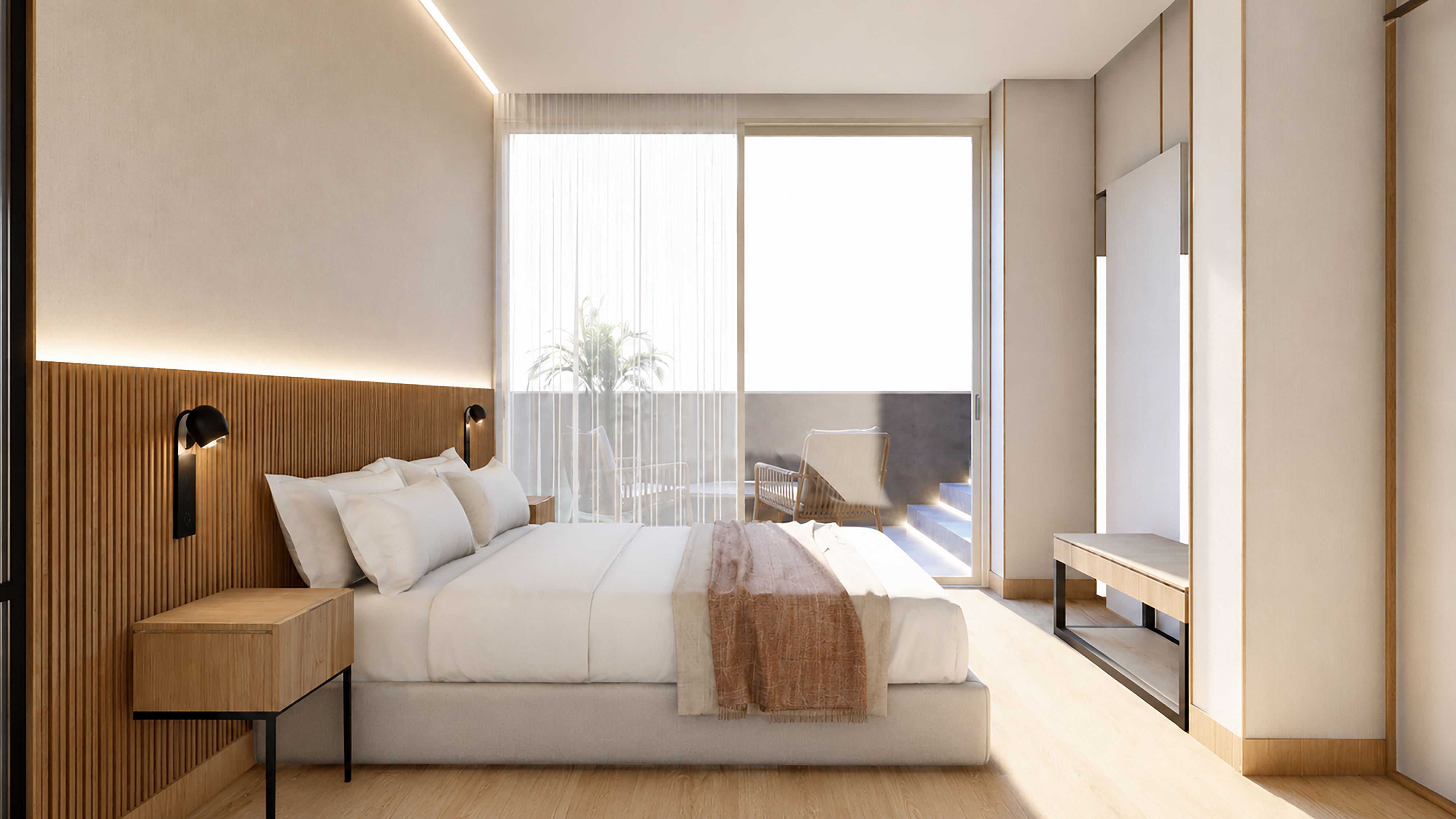 Contemporary hotel room with wooden headboard, large bed, and private balcony.