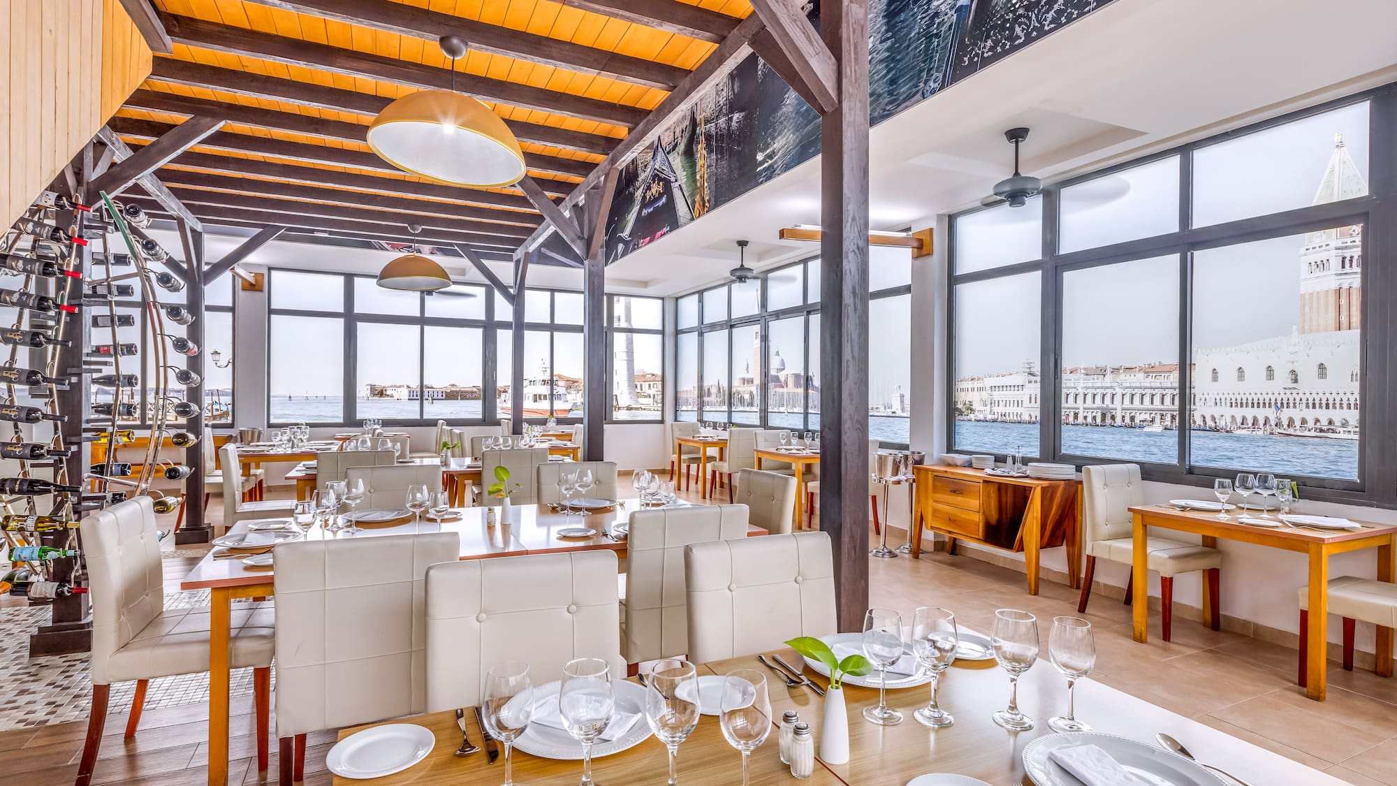 a restaurant with tables and chairs