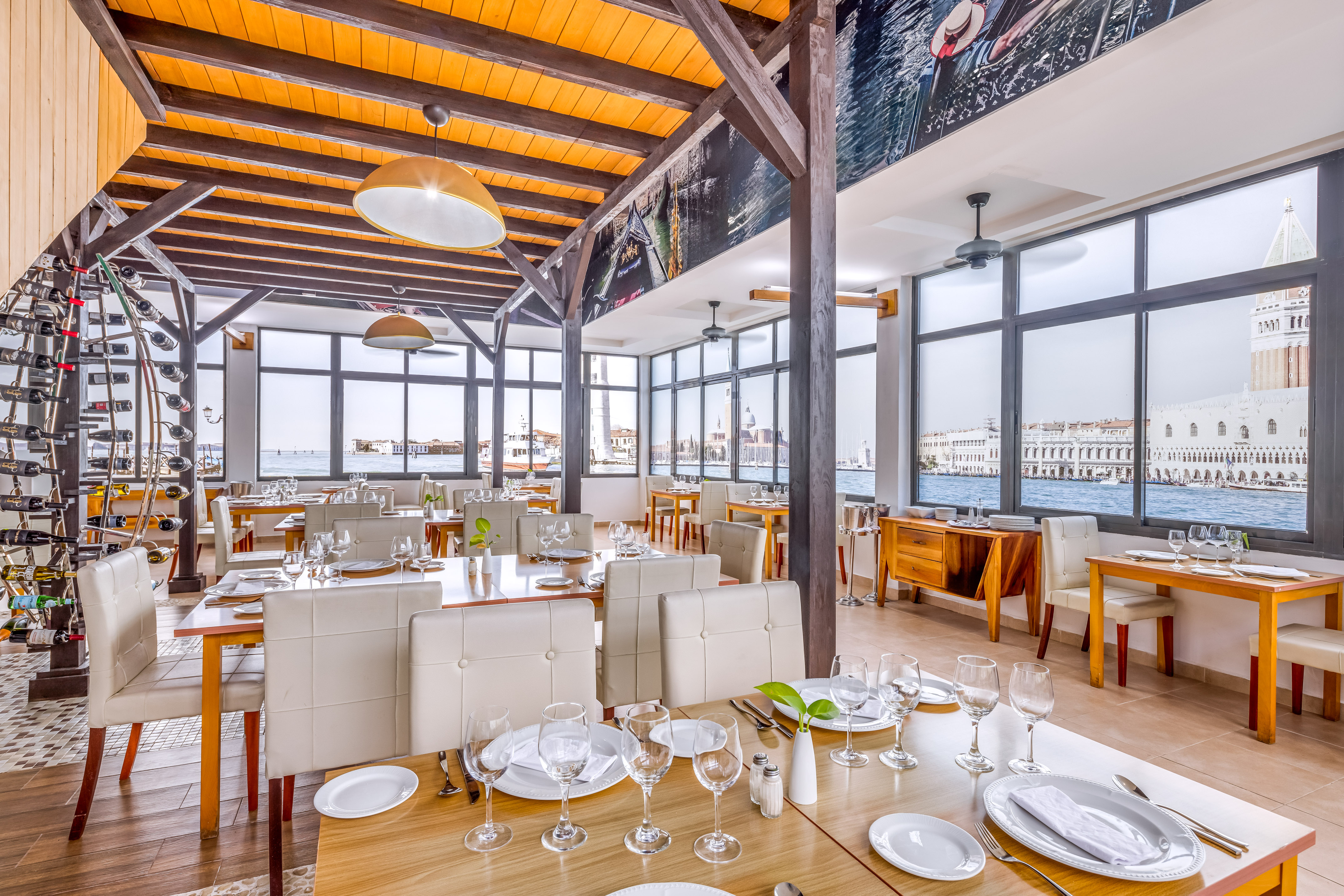 a restaurant with tables and chairs