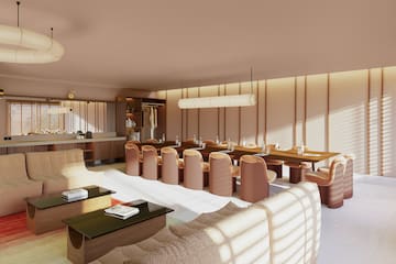 a room with a large table and chairs