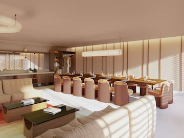 a room with a large table and chairs