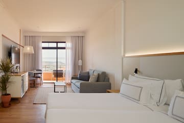 a room with two beds and a couch