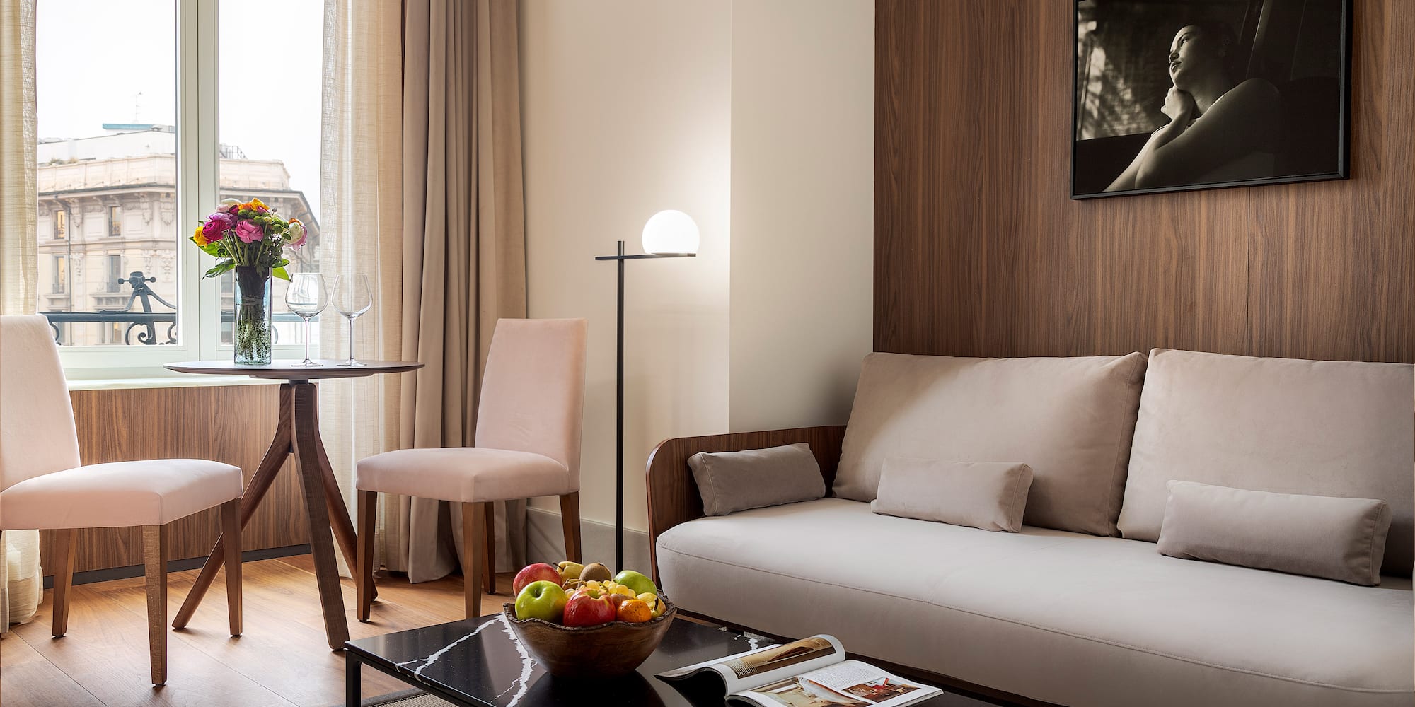 a living room with a couch and a table