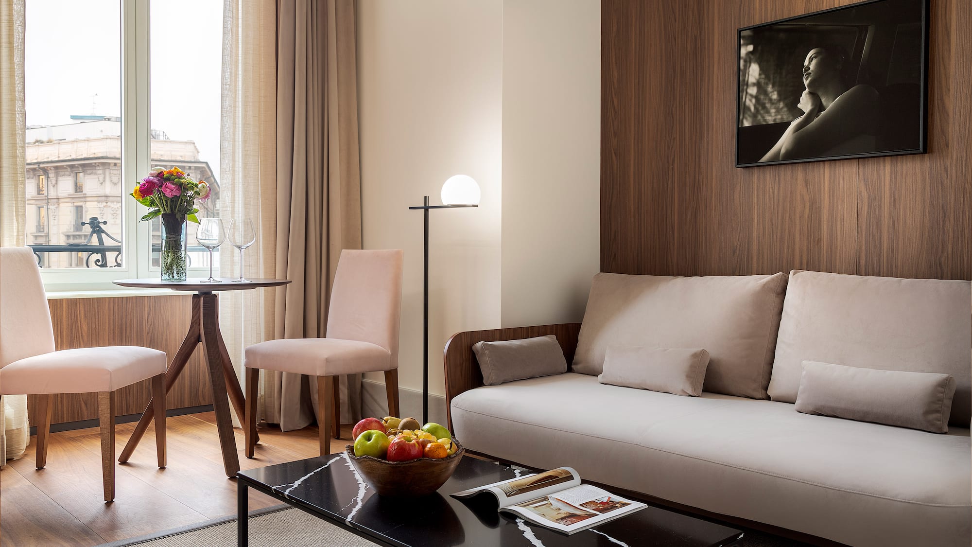 a living room with a couch and a table