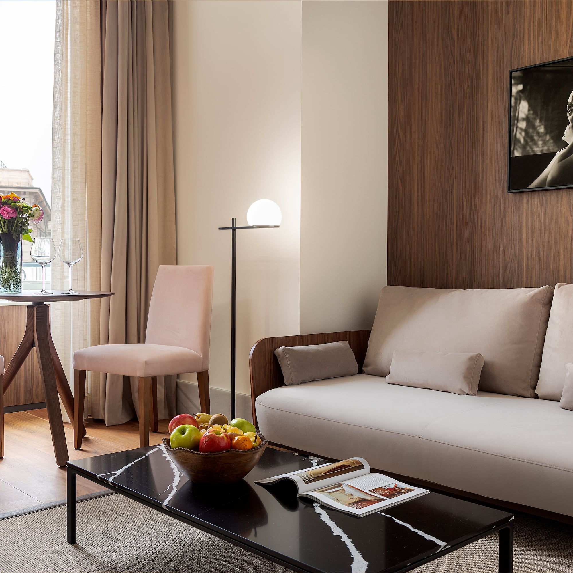 a living room with a couch and a table