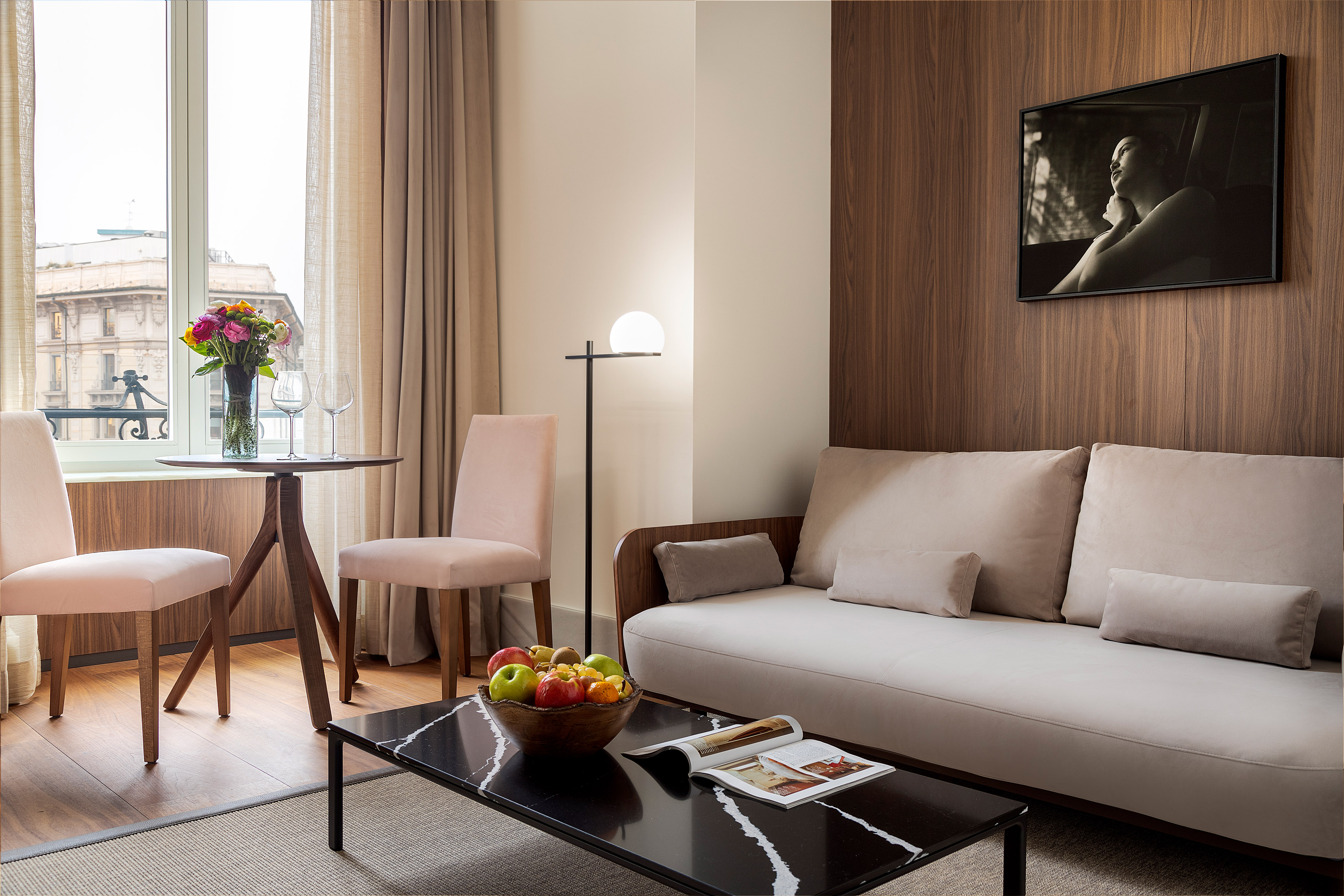 a living room with a couch and a table