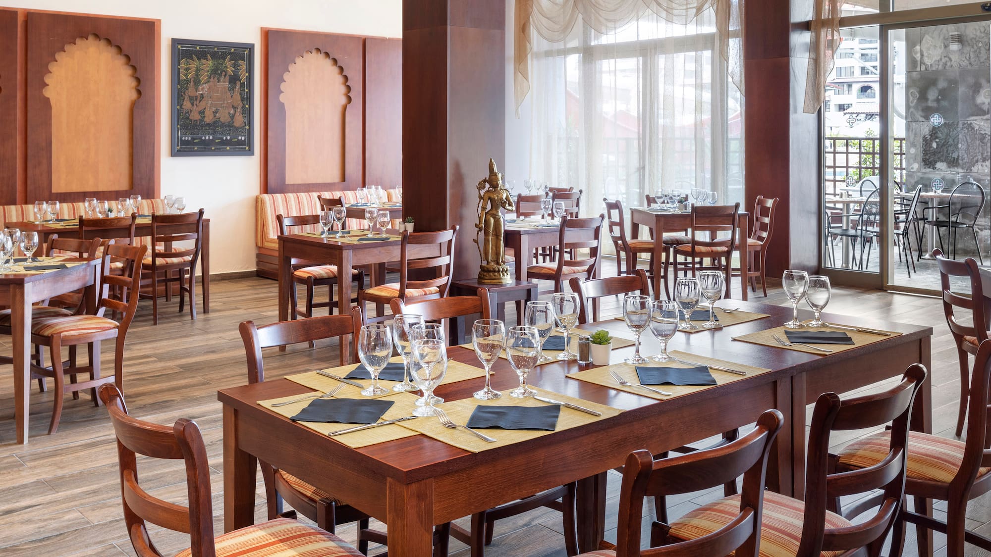 a room with tables and chairs