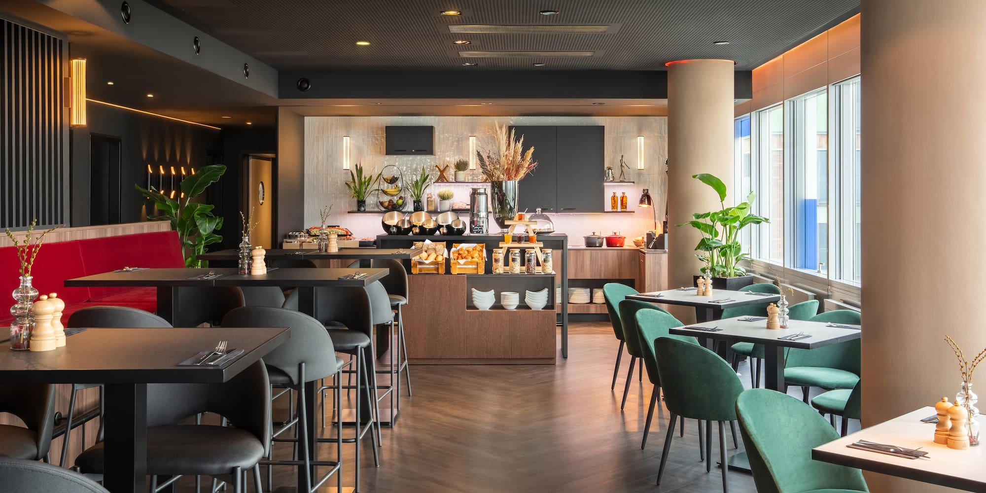 a restaurant with tables and chairs