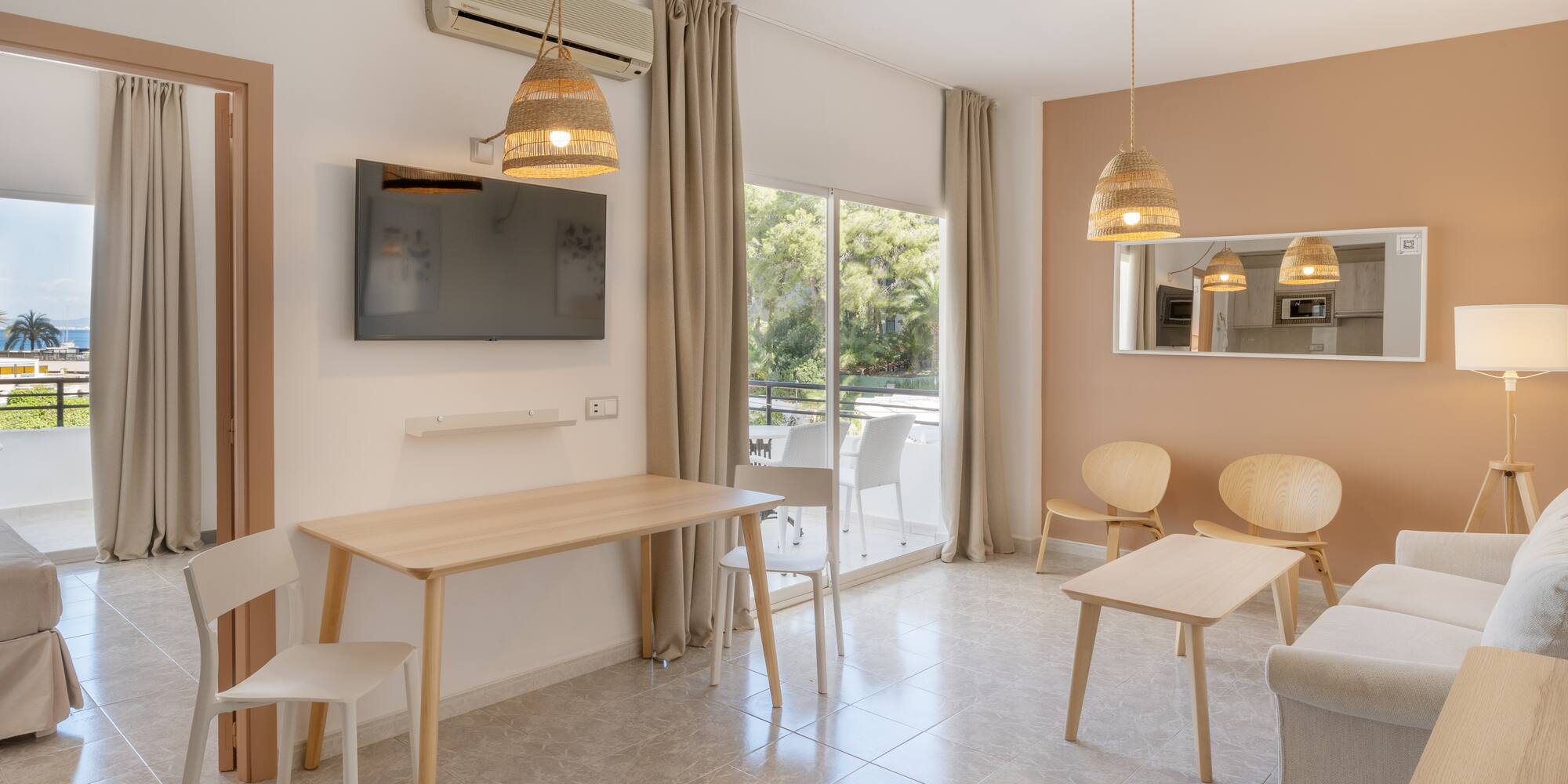 a room with a table and chairs